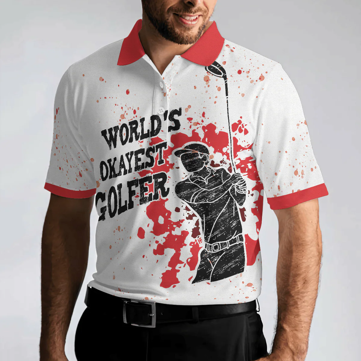 Men Golf Polo Shirt - World's Okayest Golfer Golf Polo Shirt, Red Paint Splash Black Golfer Silhouette Polo Shirt, Best Golf Shirt For Men - Image 4