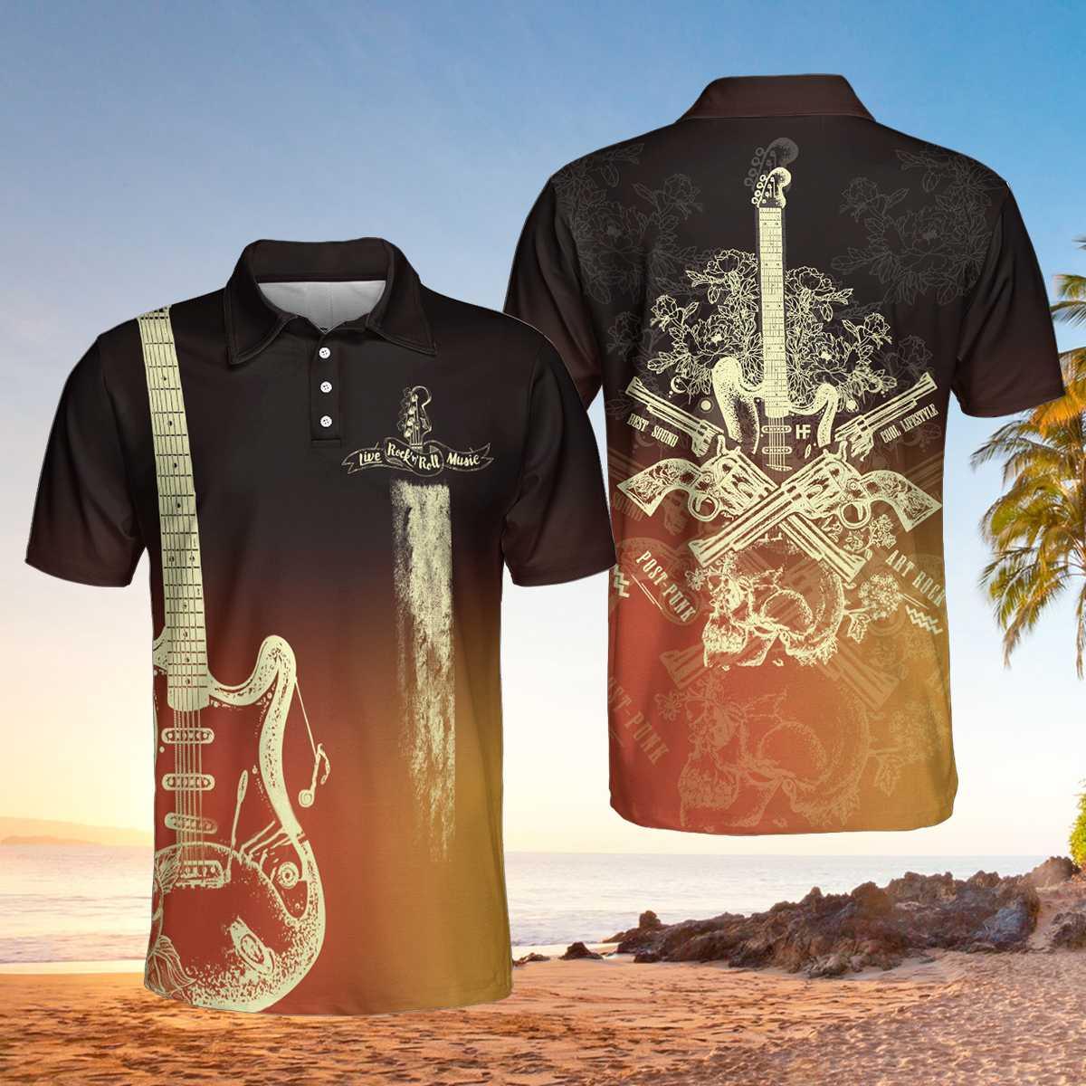 Men Guitar Polo Shirt - Live Rock And Roll Music Guitar Polo Shirt, Golden Sixer Gun Polo Shirt, Best Guitar Shirt For Men