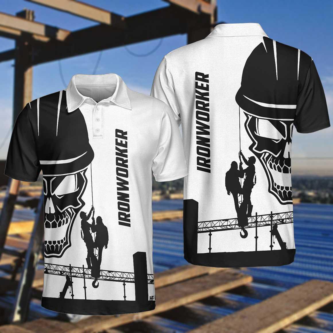 Men Ironworker Polo Shirt - Ironworker Skull Polo Shirt, Black Silhouette Skull Polo Shirt, Ironworker Shirt For Men