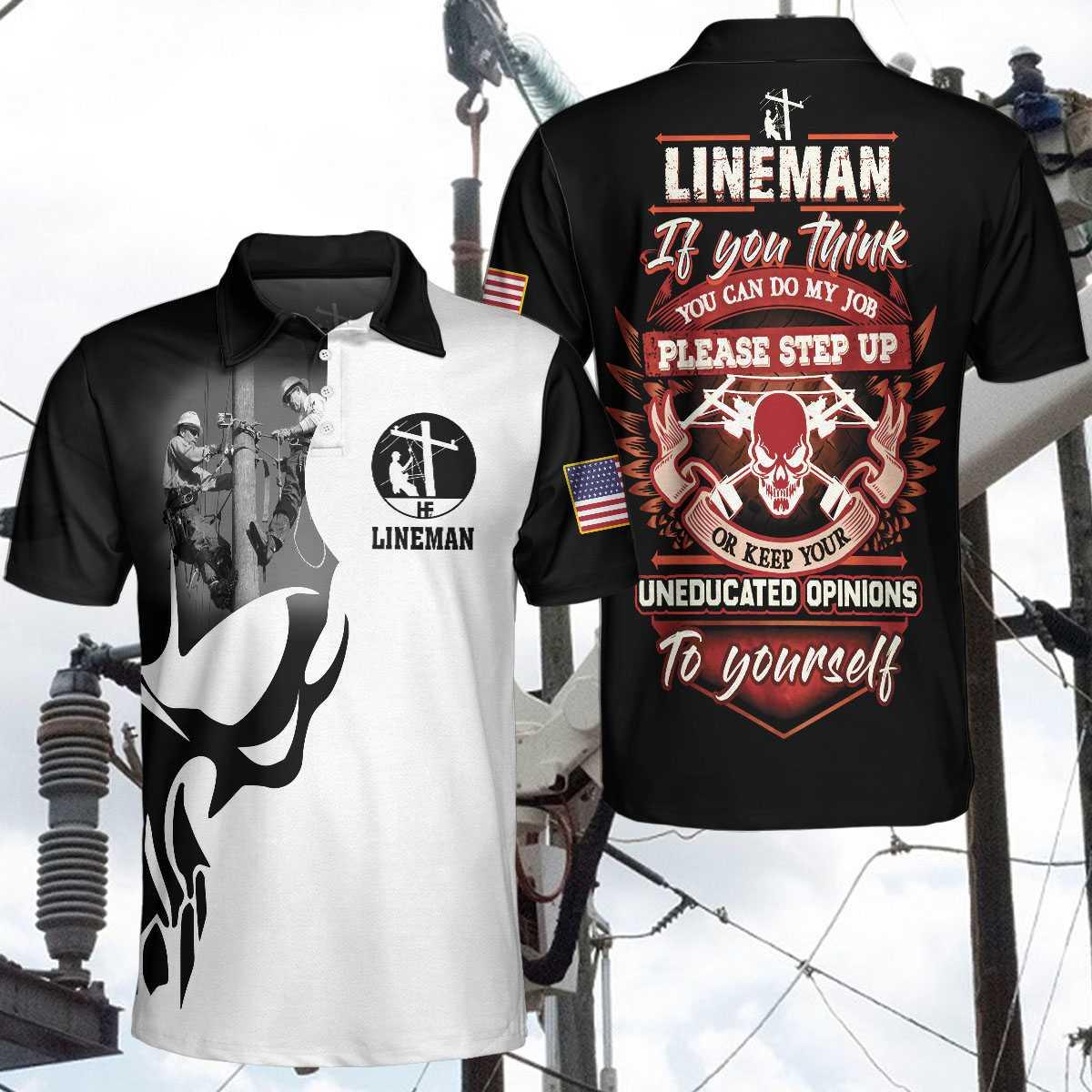 Men Lineman Polo Shirt - Lineman Proud Skull Polo Shirt, If You Think You Can Do My Job Polo Shirt, Best Lineman Shirt For Men