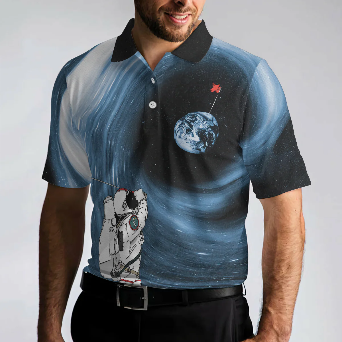 Men Polo Shirt - Astronaut Golfing Outer Space Black Golf Polo Shirt Men Polo Shirt - Gift For Golfer - Hole 404 Oops Men Polo Shirt - Image 4