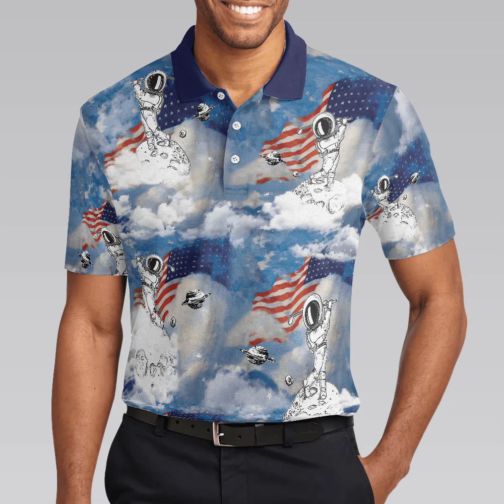 Men Polo Shirt - Astronaut Plays Golf In Space American Flag Men Polo Shirt - Cloud Golfing Men Polo Shirt - Perfect Gift For Men, Golfer - Image 4