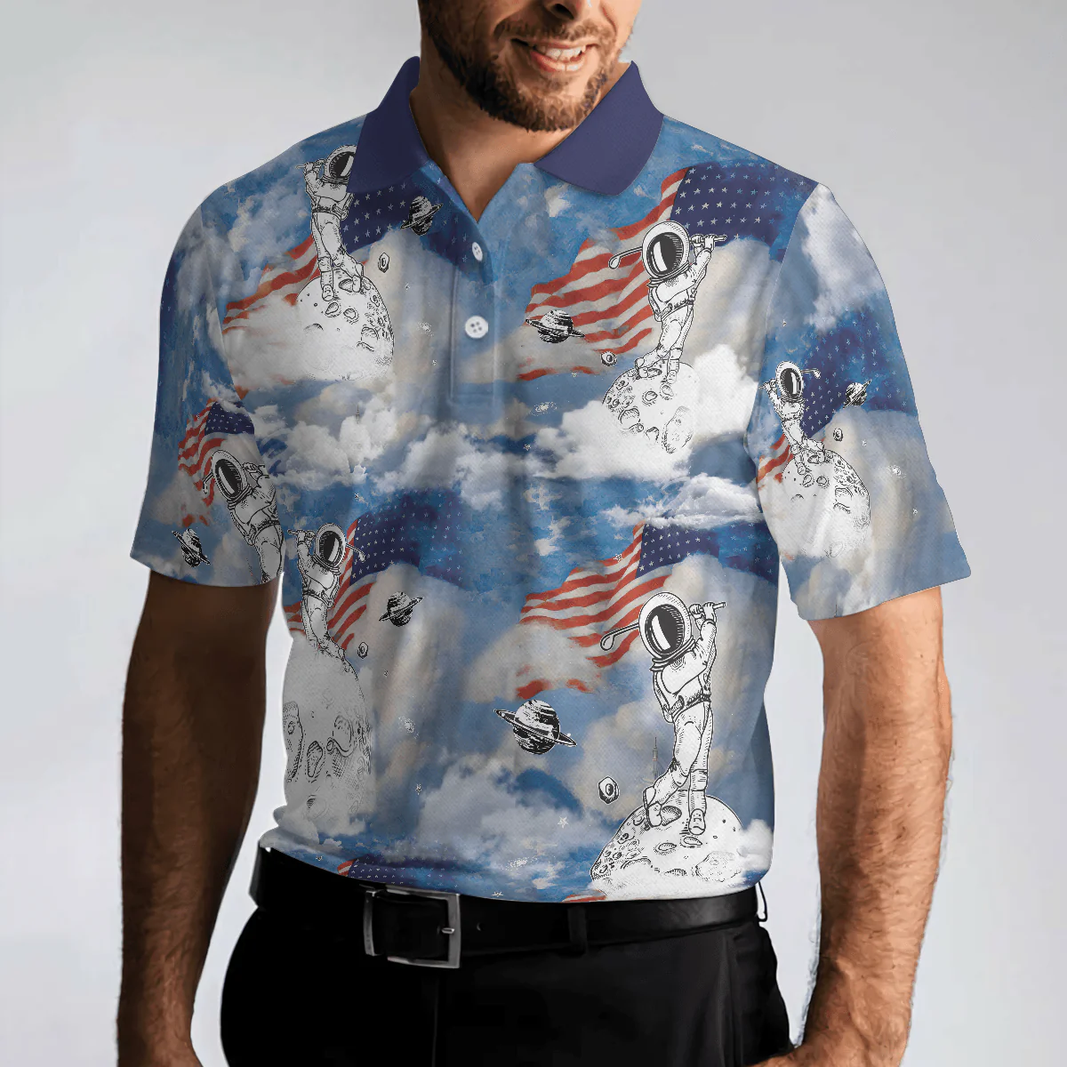 Men Polo Shirt - Astronaut Plays Golf In Space American Flag Men Polo Shirt - Cloud Golfing Men Polo Shirt - Perfect Gift For Men, Golfer - Image 5