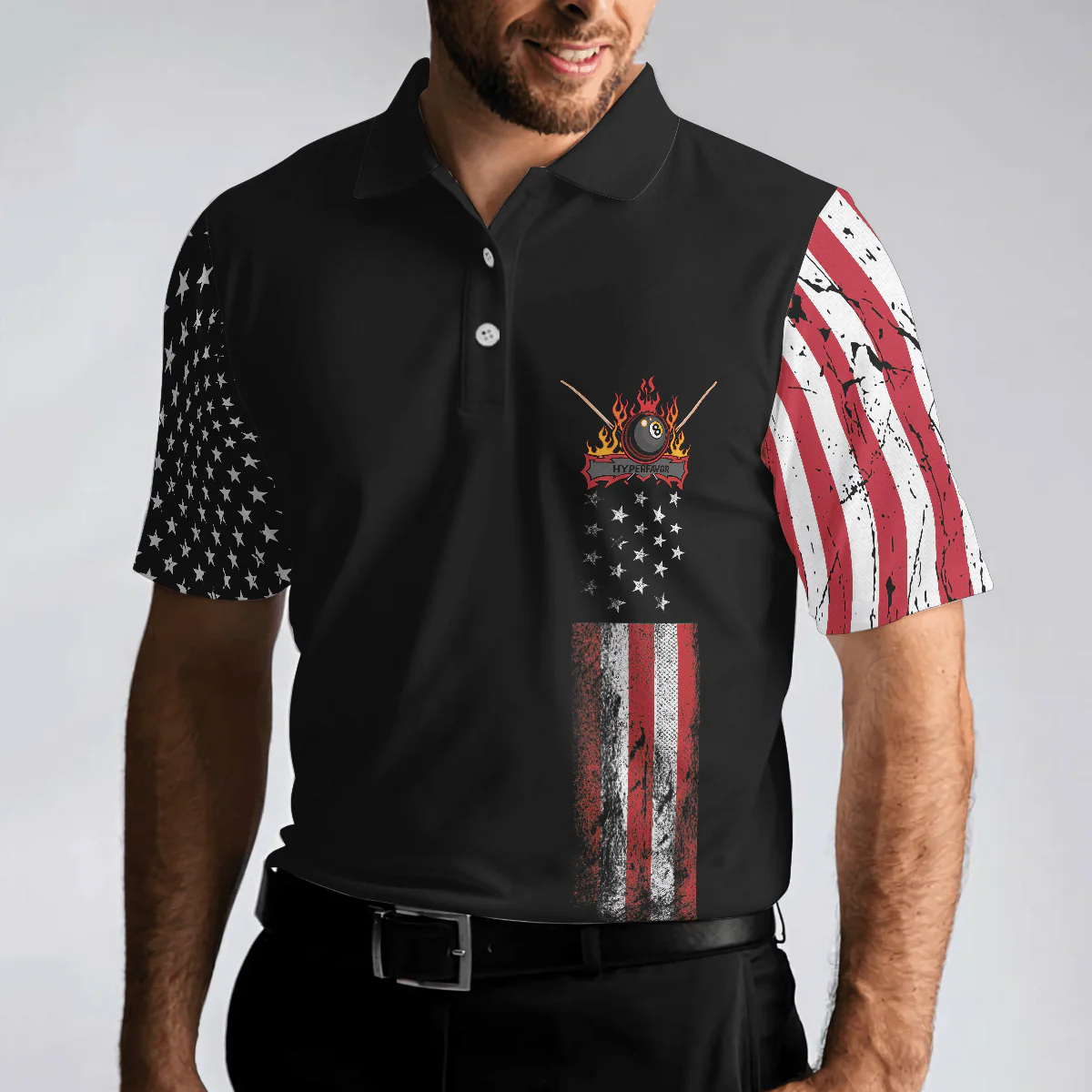 Men Polo Shirt - Billiards Eagle American Flag Black Polo Shirt - 8-ball Black Theme Polo Shirt, Best Billiards Shirt For Men - Image 4