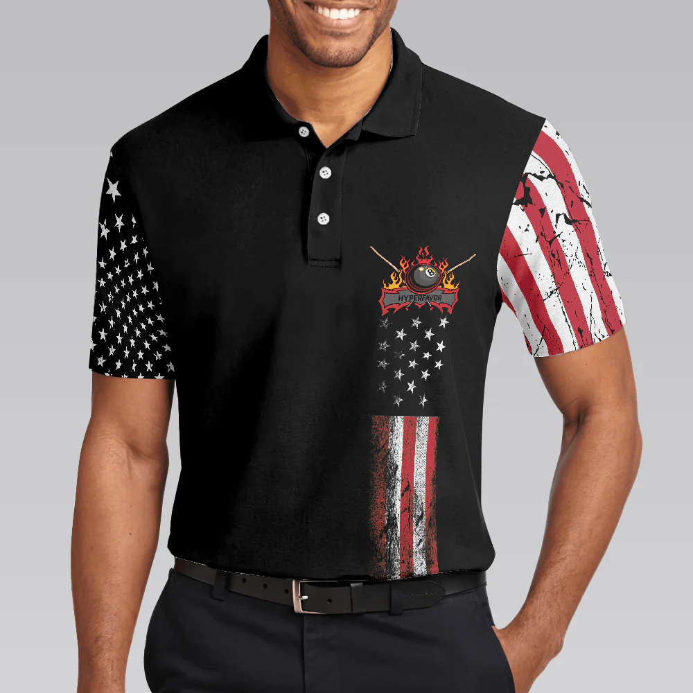 Men Polo Shirt - Billiards Eagle American Flag Black Polo Shirt - 8-ball Black Theme Polo Shirt, Best Billiards Shirt For Men - Image 5