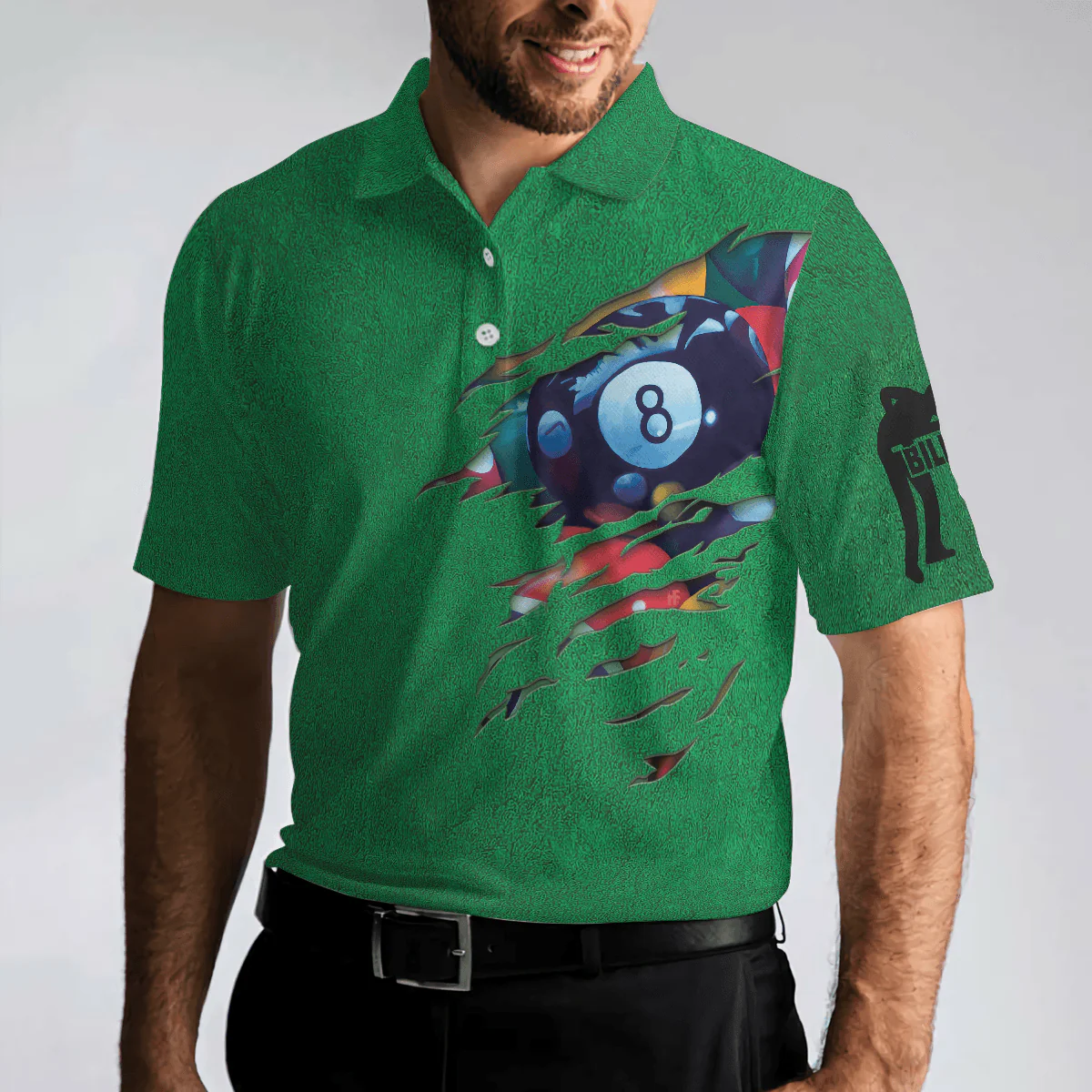 Men Polo Shirt - Billiards Green American Flag Polo Shirt, Unique Billiards Shirt For Men - Gift For Billiards Player- Cool Gift For Pool Players - Image 4