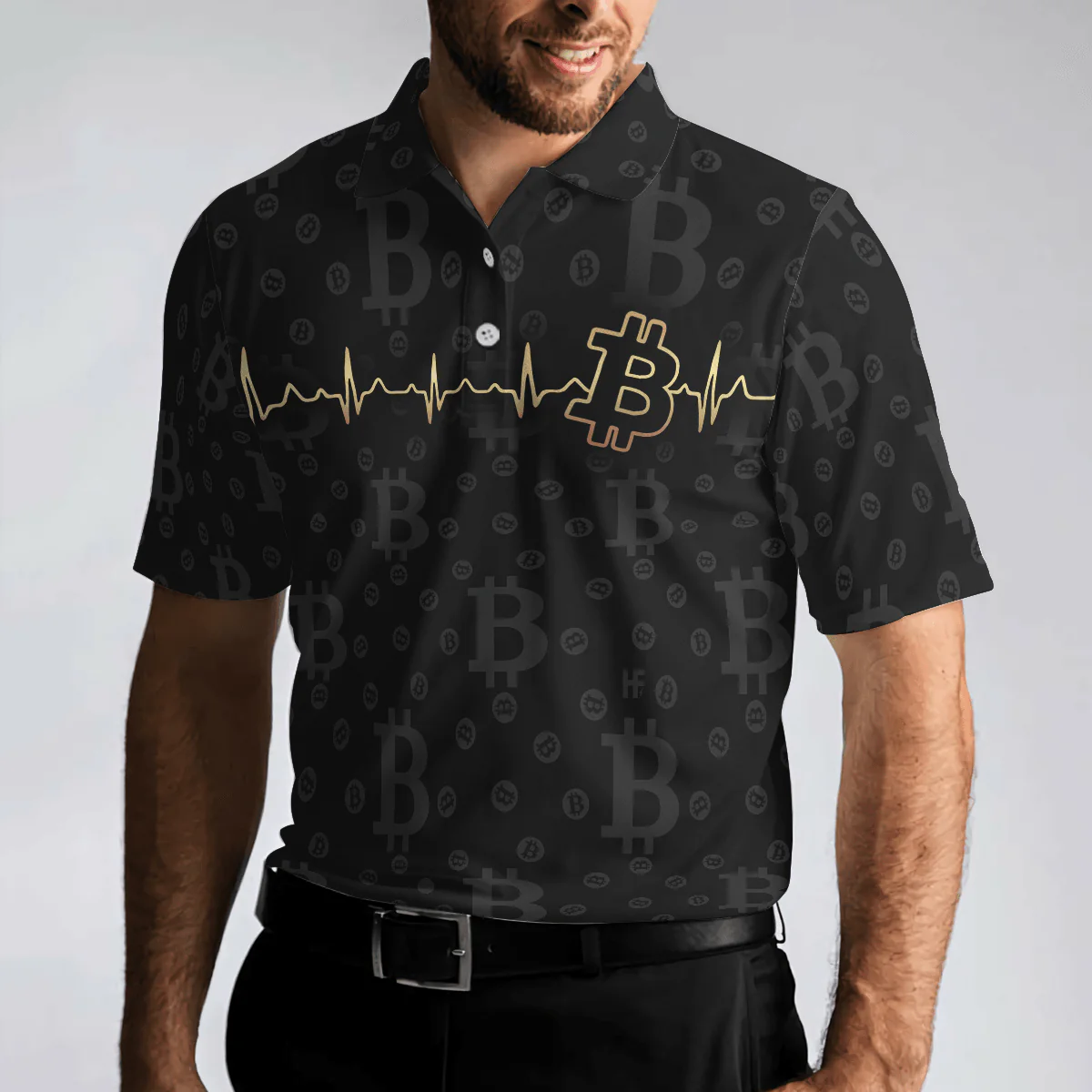Men Polo Shirt - Bitcoin Golden Heartbeat Polo Shirt, Black Bitcoin Shirt For Adults, Cryptocurrency Short Sleeve Polo Shirt - Image 5