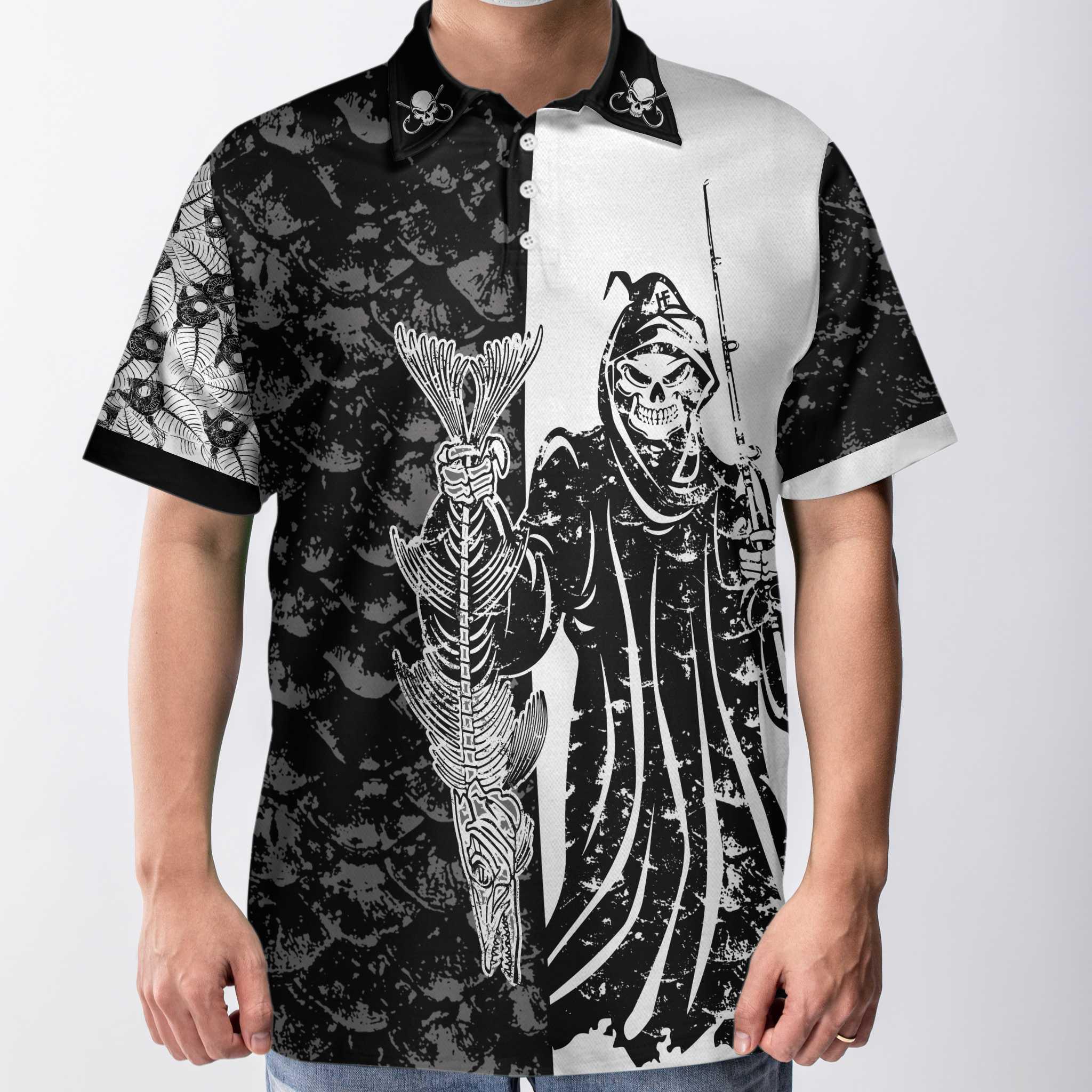 Men Polo Shirt - Black & White Fish Reaper With Grim Reaper Polo Shirt, Skull Polo Shirt, Best Fishing Shirt For Men - Image 2