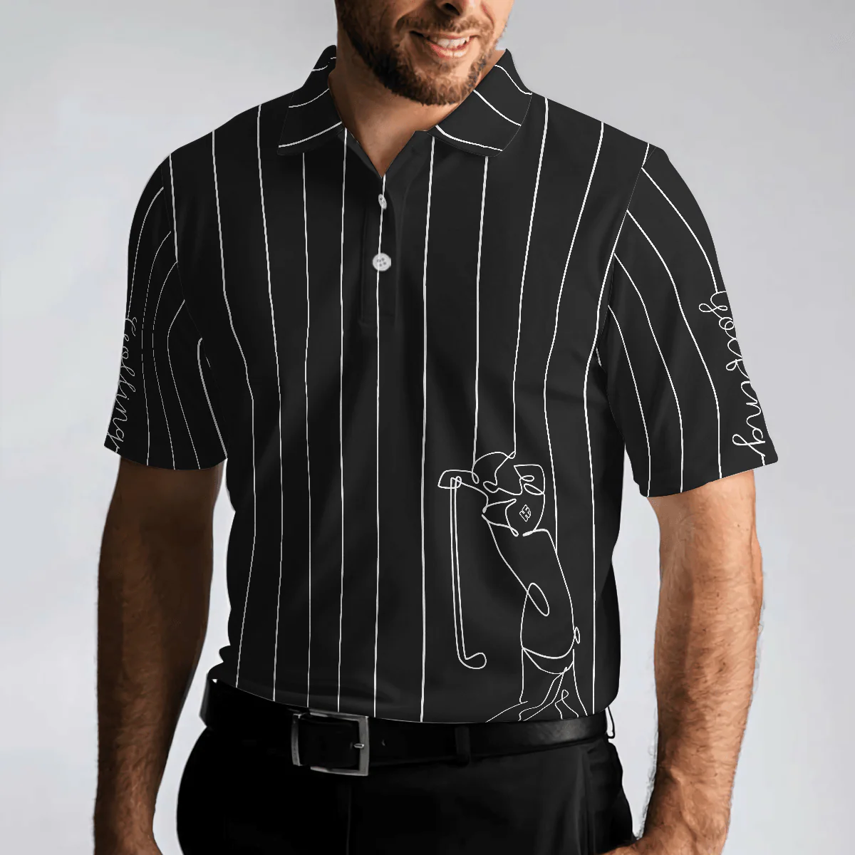Men Polo Shirt - Black & White Single Line Continuous Golfer Shirt Polo Shirt, Vertical Lines Golfing Polo Shirt, Best Golf Shirt For Men - Image 4