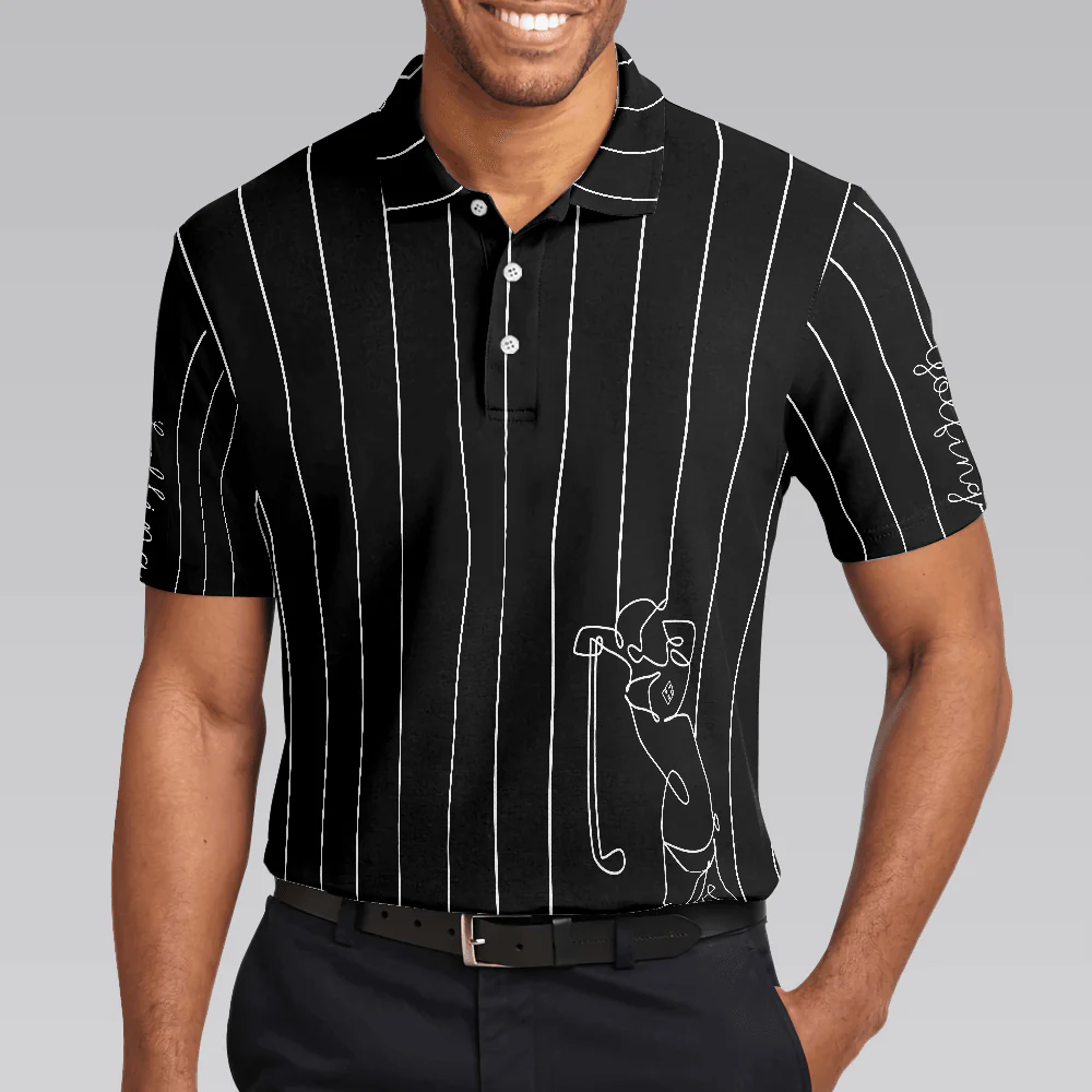 Men Polo Shirt - Black & White Single Line Continuous Golfer Shirt Polo Shirt, Vertical Lines Golfing Polo Shirt, Best Golf Shirt For Men - Image 5