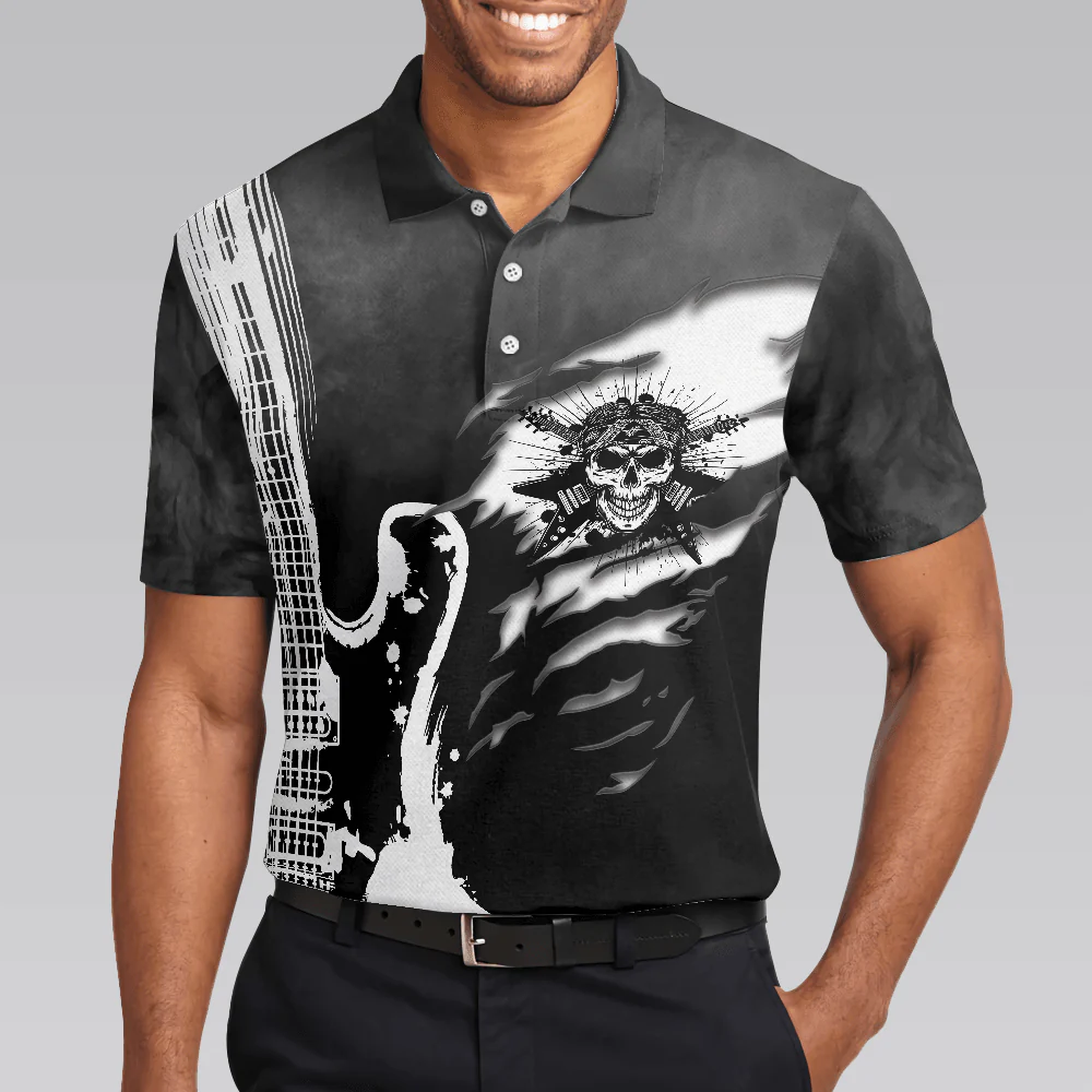 Men Polo Shirt - Guitar And Skull Men Polo Shirt, Streetwear Polo Shirt, Black And White Guitar Shirt For Men - Image 4