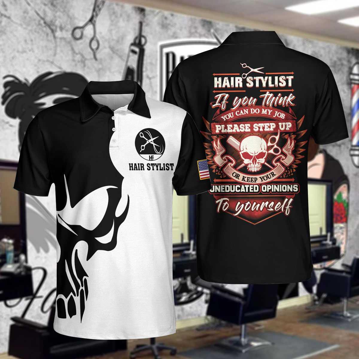 Men Polo Shirt - Hair Stylist Proud Skull Men Polo Shirt, If You Think You Can Do My Job Skull Polo Shirt, Hair Stylist Shirt For Men - Image 5