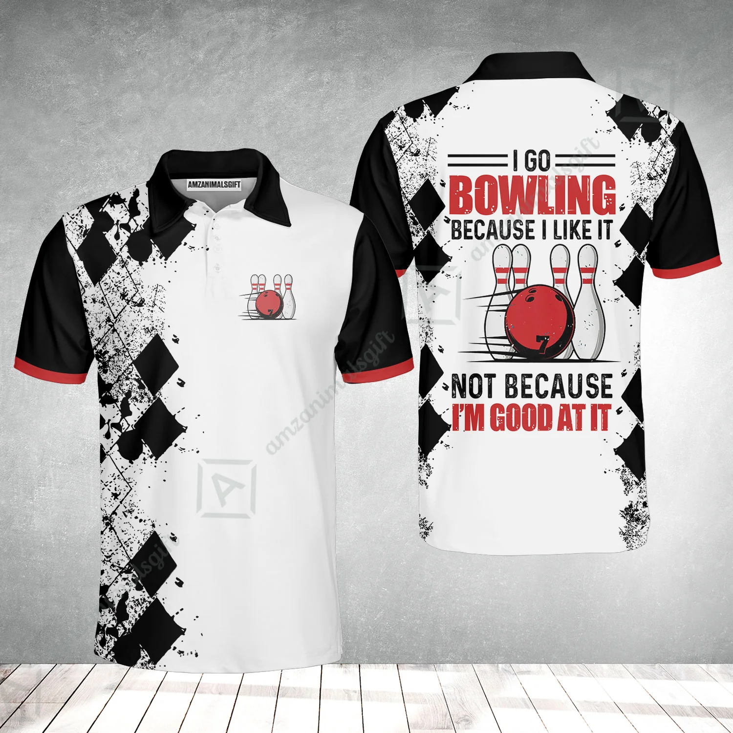 Men Polo Shirt - I Go Bowling Because I Like It Men Polo Shirt, Black Argyle Pattern Shirt Design, Best Polo Style Bowling Shirt - Image 2