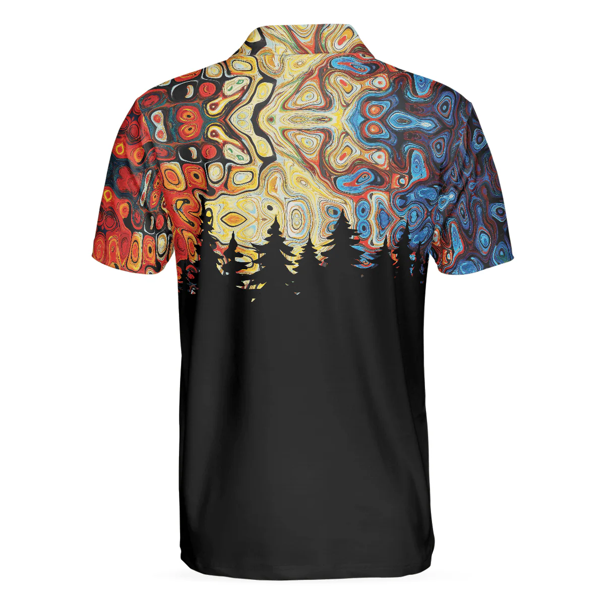 Men Polo Shirt - Sky Wavy Abstract Seamless Pattern Polo Shirt, Silhouette Pine Forest Polo Shirt, Black Golf Shirt For Men - Image 2