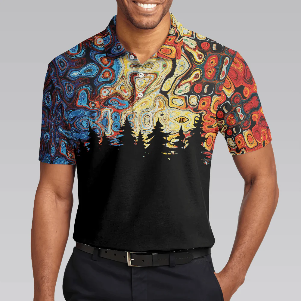 Men Polo Shirt - Sky Wavy Abstract Seamless Pattern Polo Shirt, Silhouette Pine Forest Polo Shirt, Black Golf Shirt For Men - Image 4