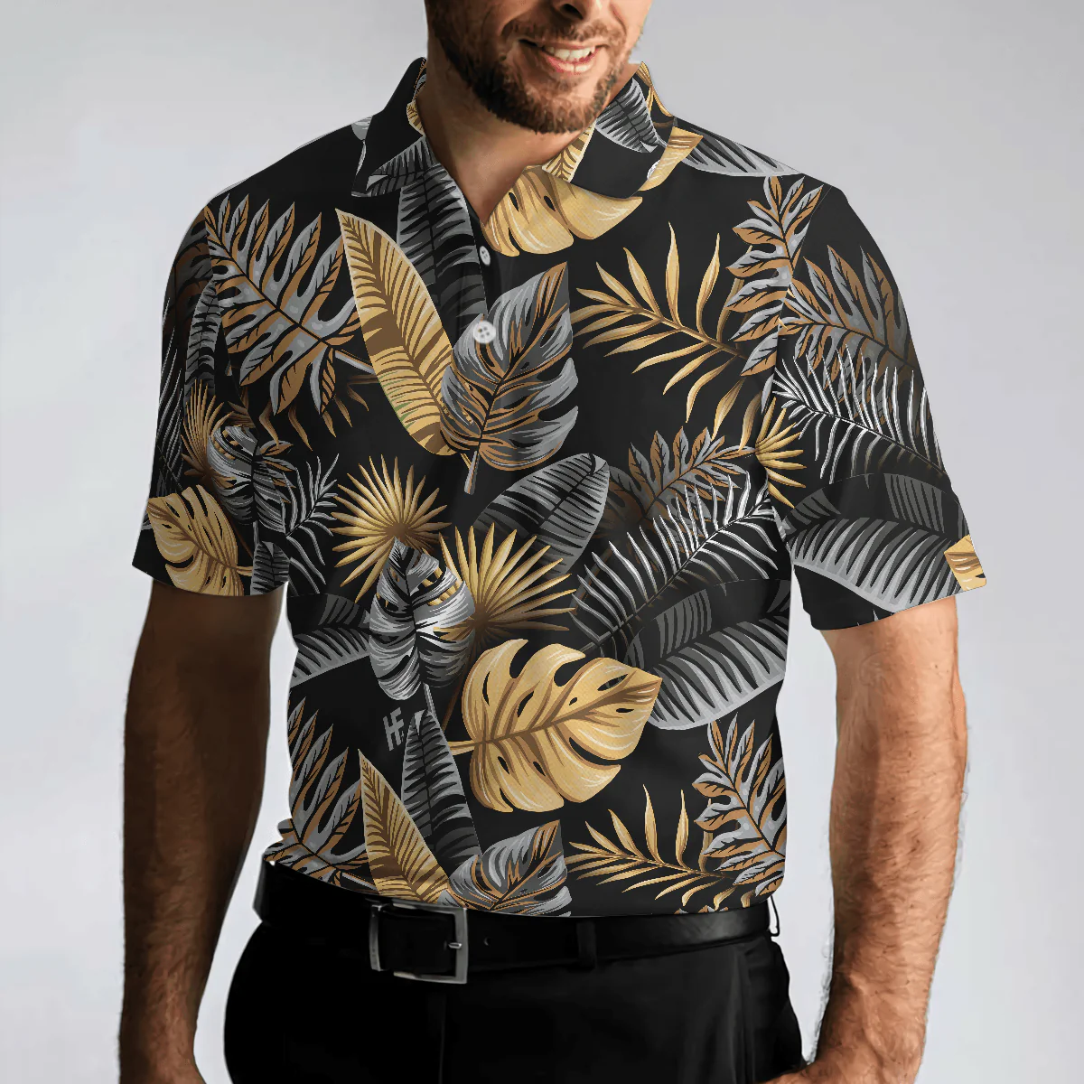 Men Polo Shirt - Tropical Golden Palm Leaves Pattern Polo Shirt, Tropical Leaf Polo Shirt For Adults, Summer Vibe Shirt - Perfect Gift For Men - Image 4