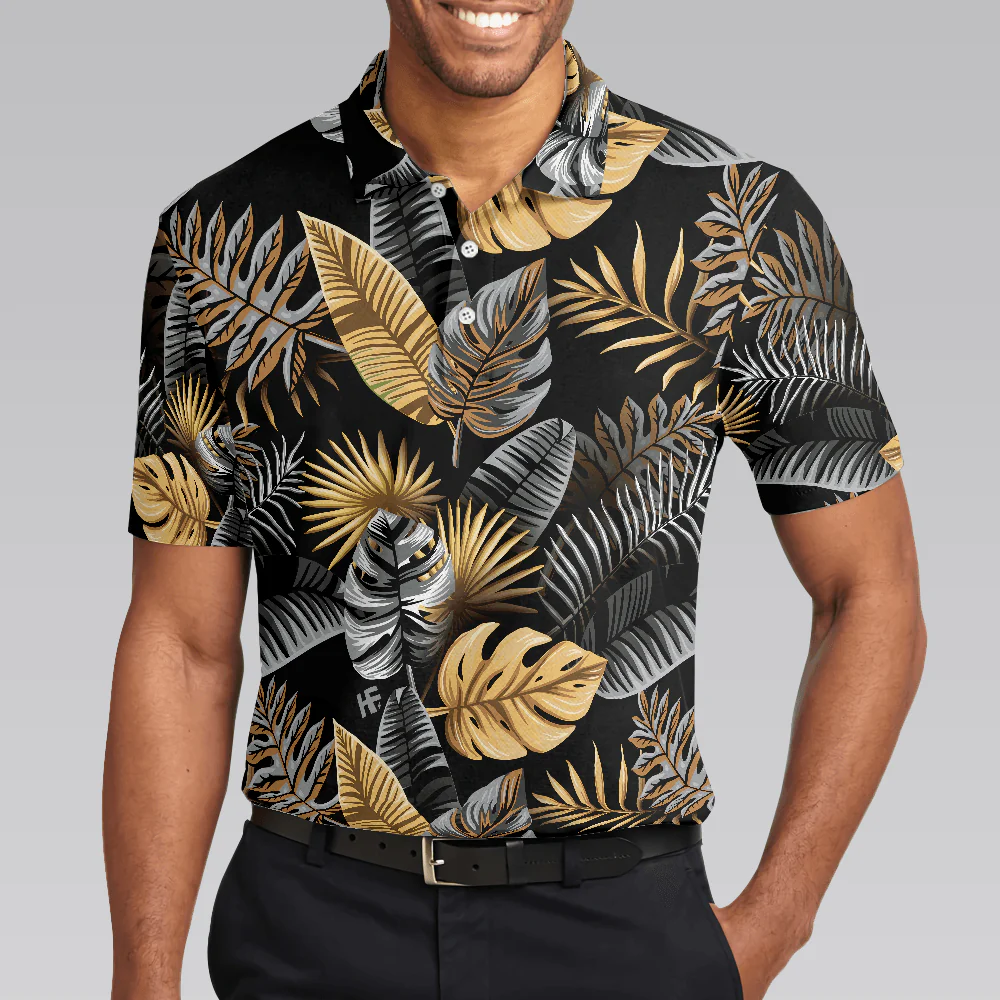 Men Polo Shirt - Tropical Golden Palm Leaves Pattern Polo Shirt, Tropical Leaf Polo Shirt For Adults, Summer Vibe Shirt - Perfect Gift For Men - Image 5