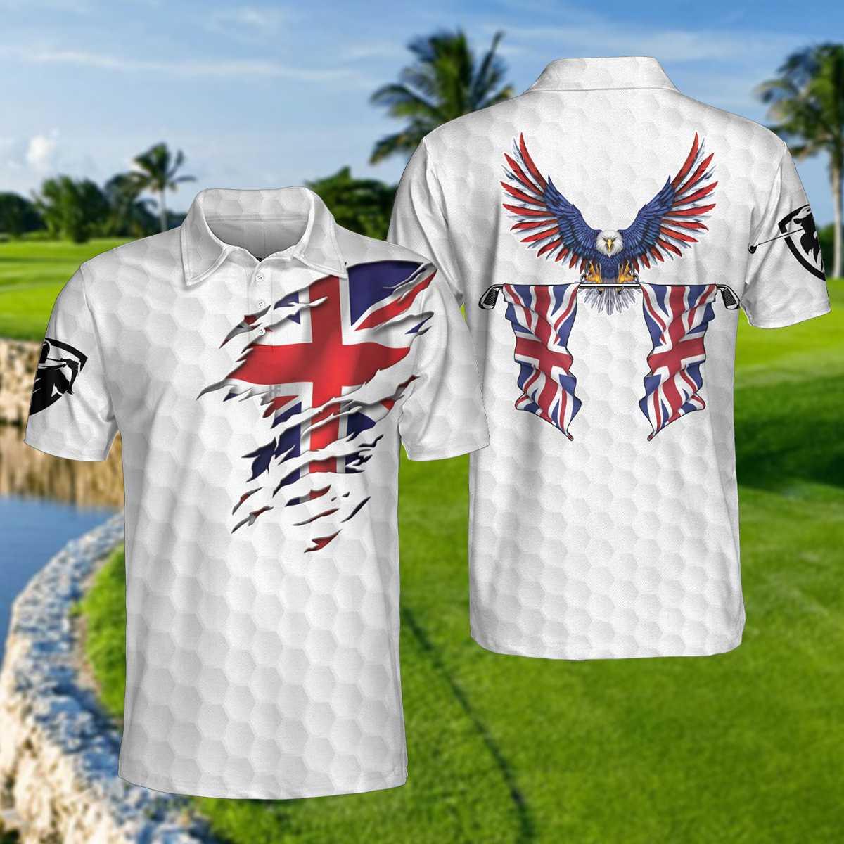 Men Polo Shirt - United Kingdom Eagle Flag Polo Shirt, Golf Pattern Ripped Great Britain Jack Polo Shirt, UK Golf Shirt - Perfect Gift For Men