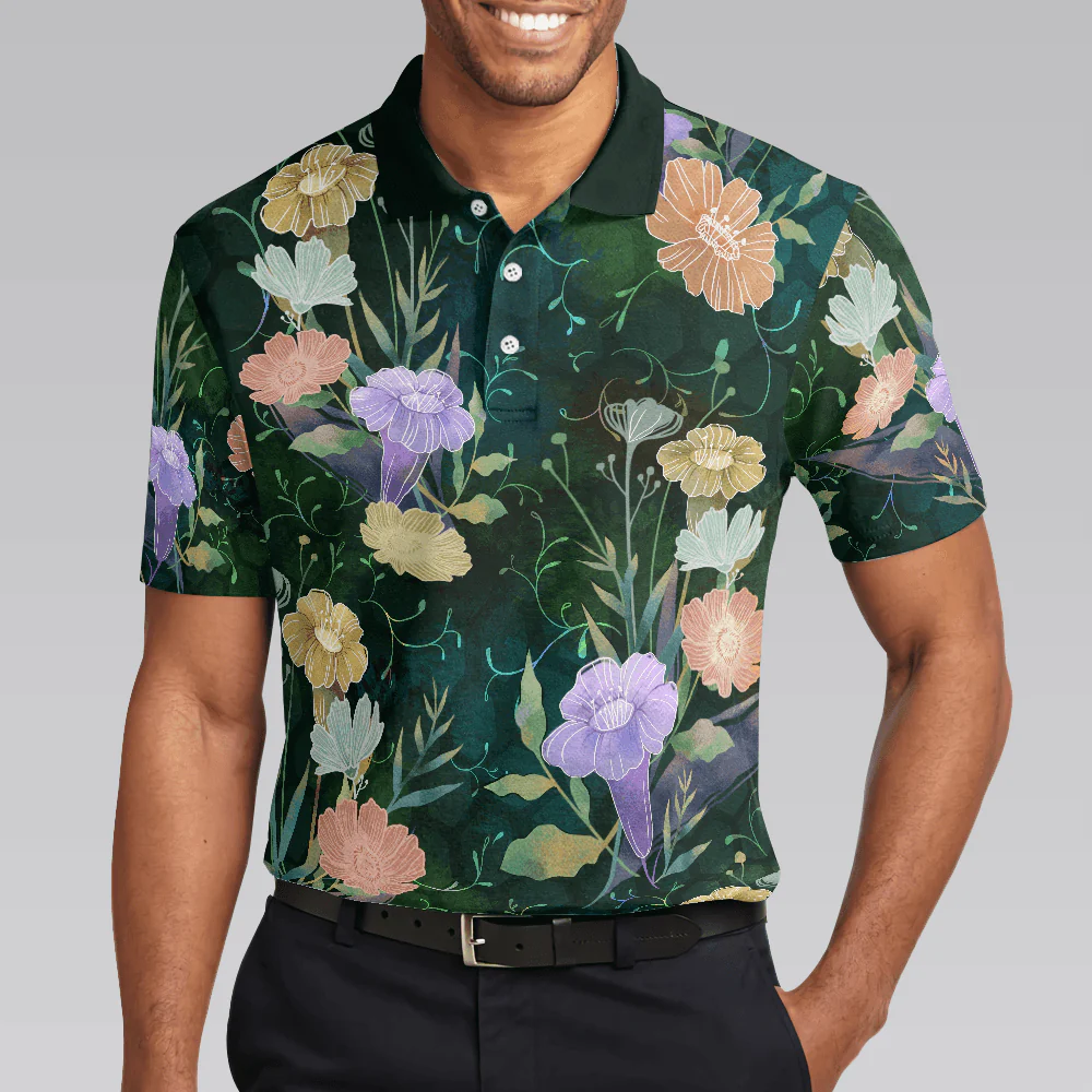 Men Polo Shirt - Vintage Floral Golf Texture Polo Shirt, Flower Polo Shirt - Perfect Gift For Men - Image 5