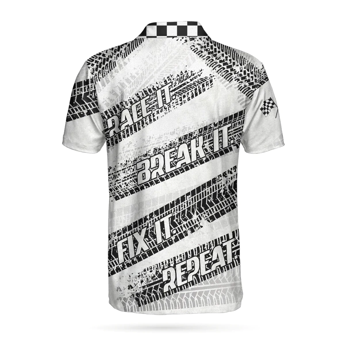 Men Racing Polo Shirt - Race It Break It Fix It Polo Shirt, Black And White Bike Tires Polo Shirt, Best Racing Shirt For Men - Image 3