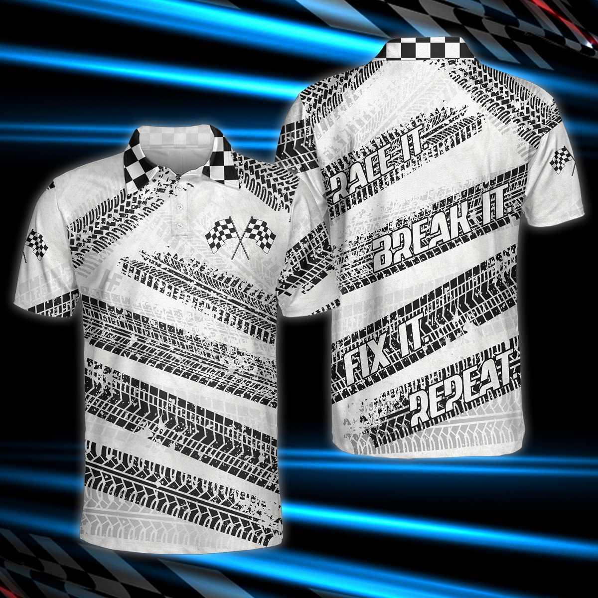 Men Racing Polo Shirt - Race It Break It Fix It Polo Shirt, Black And White Bike Tires Polo Shirt, Best Racing Shirt For Men - Image 4