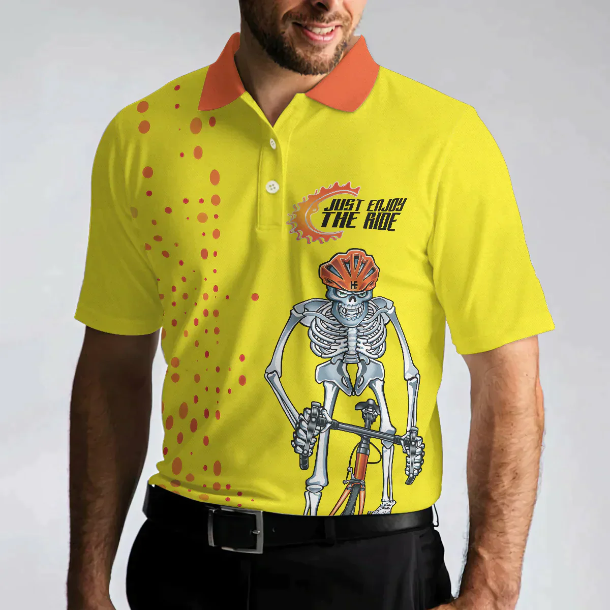 Men Ride Polo Shirt - Just Enjoy The Ride Men Polo Shirt, Yellow Skeleton Cyclist Polo Shirt, Best Cycling Shirt For Men - Image 4