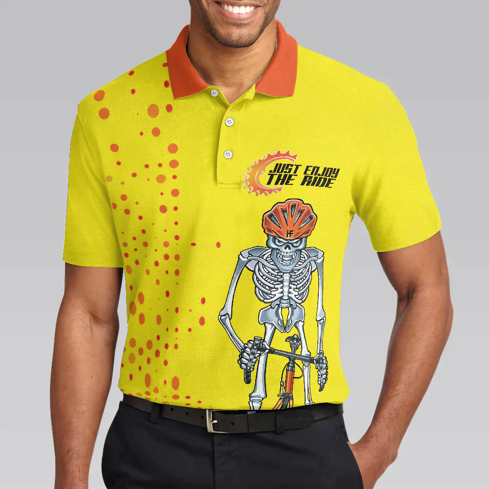 Men Ride Polo Shirt - Just Enjoy The Ride Men Polo Shirt, Yellow Skeleton Cyclist Polo Shirt, Best Cycling Shirt For Men - Image 5