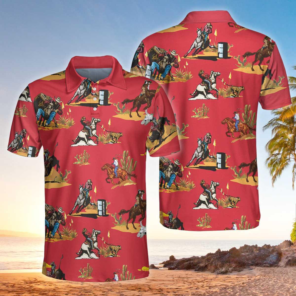 Men Roofer Cowboy Shirt - Rodeo Seamless Pattern Men Polo Shirt, Red Texas Cowboy Polo Shirt, Rodeo Shirt For Male
