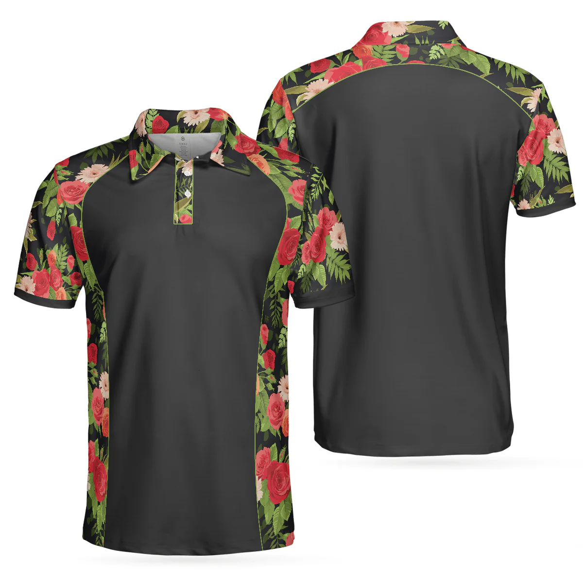 Men Rose Polo Shirt - Tropical Roses Pattern Polo Shirt, Black Polo Shirt With Roses, Print Roses Pattern Shirt For Adults - Perfect Gift For Men