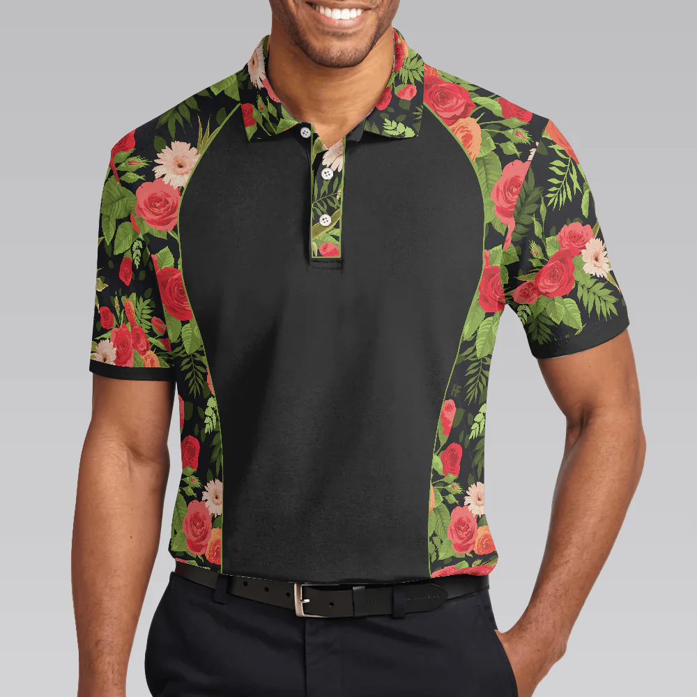 Men Rose Polo Shirt - Tropical Roses Pattern Polo Shirt, Black Polo Shirt With Roses, Print Roses Pattern Shirt For Adults - Perfect Gift For Men - Image 5