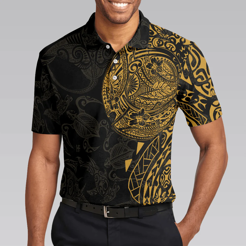 Men Sea Turtle Polo Shirt - Strong And Cool Polynesian Pattern Polo Shirt, Luxury Black And Gold Shirt For Men, Sea Turtle Polo Shirt For Men - Image 5