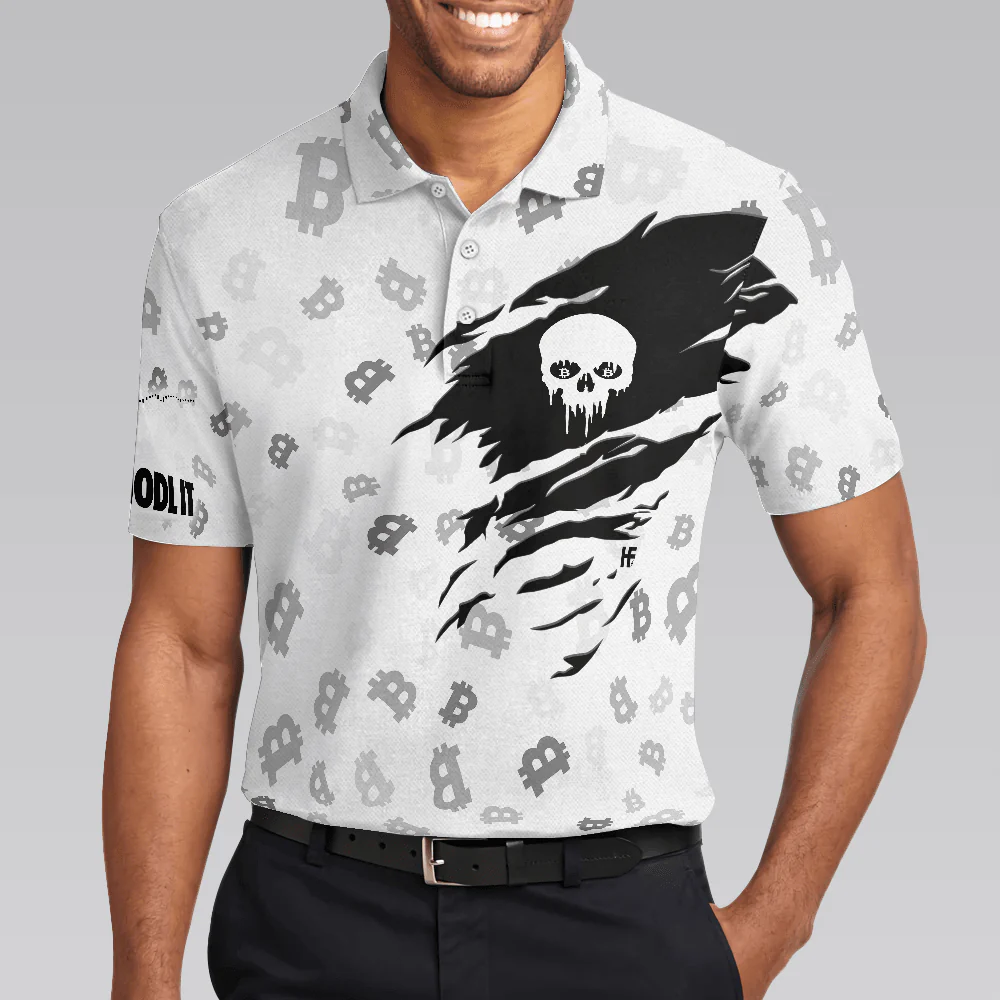 Men Skull Polo Shirt - Black And White Skull Cryptocurrency Shirt, Bitcoin Short Sleeve Shirt Design - Perfect Gift For Men - Image 4