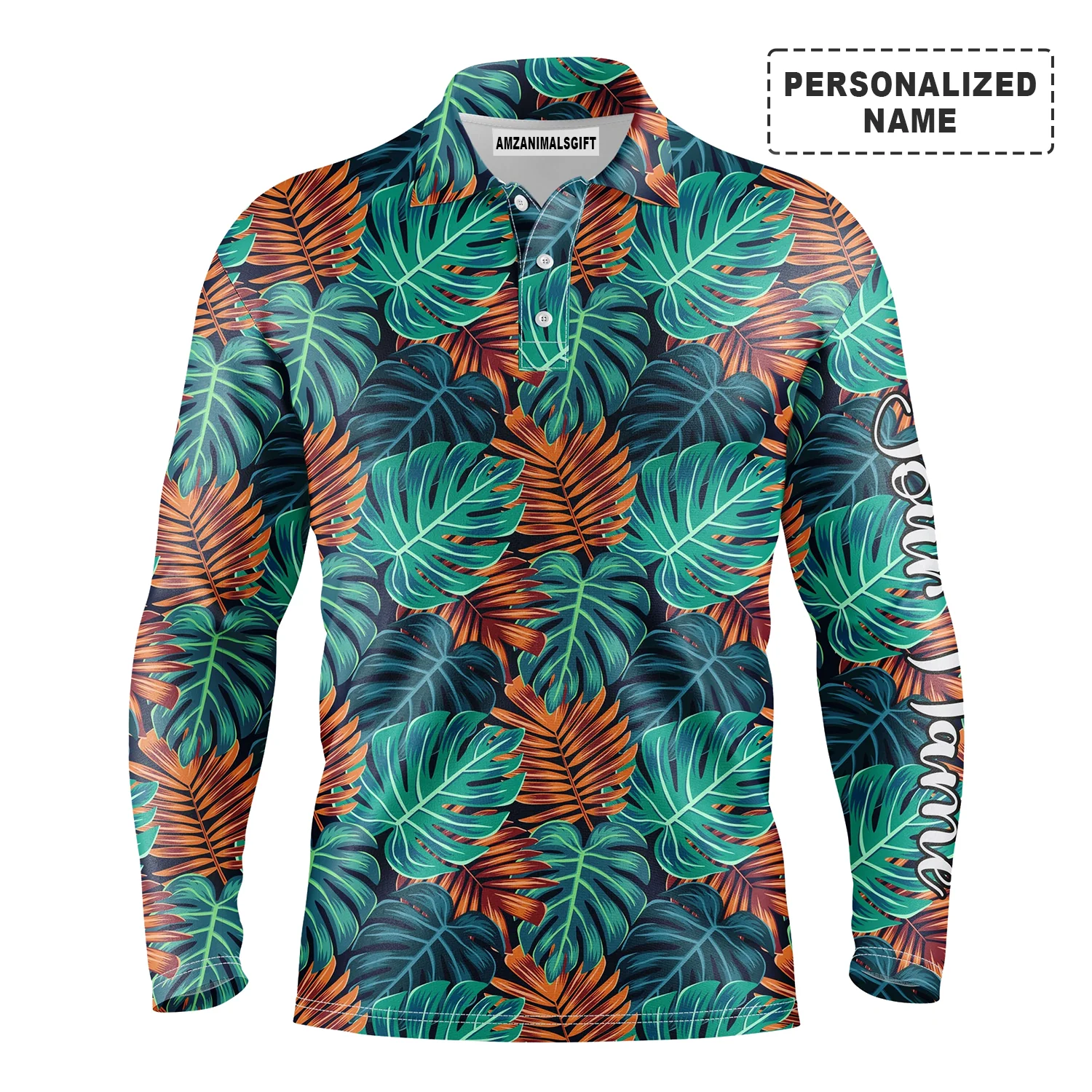 Monstera And Palm Leaves Nature Tropical Pattern Long Sleeve Polo Shirt Custom Name Apparel, Personalized Outfit For Men And Women - Image 2