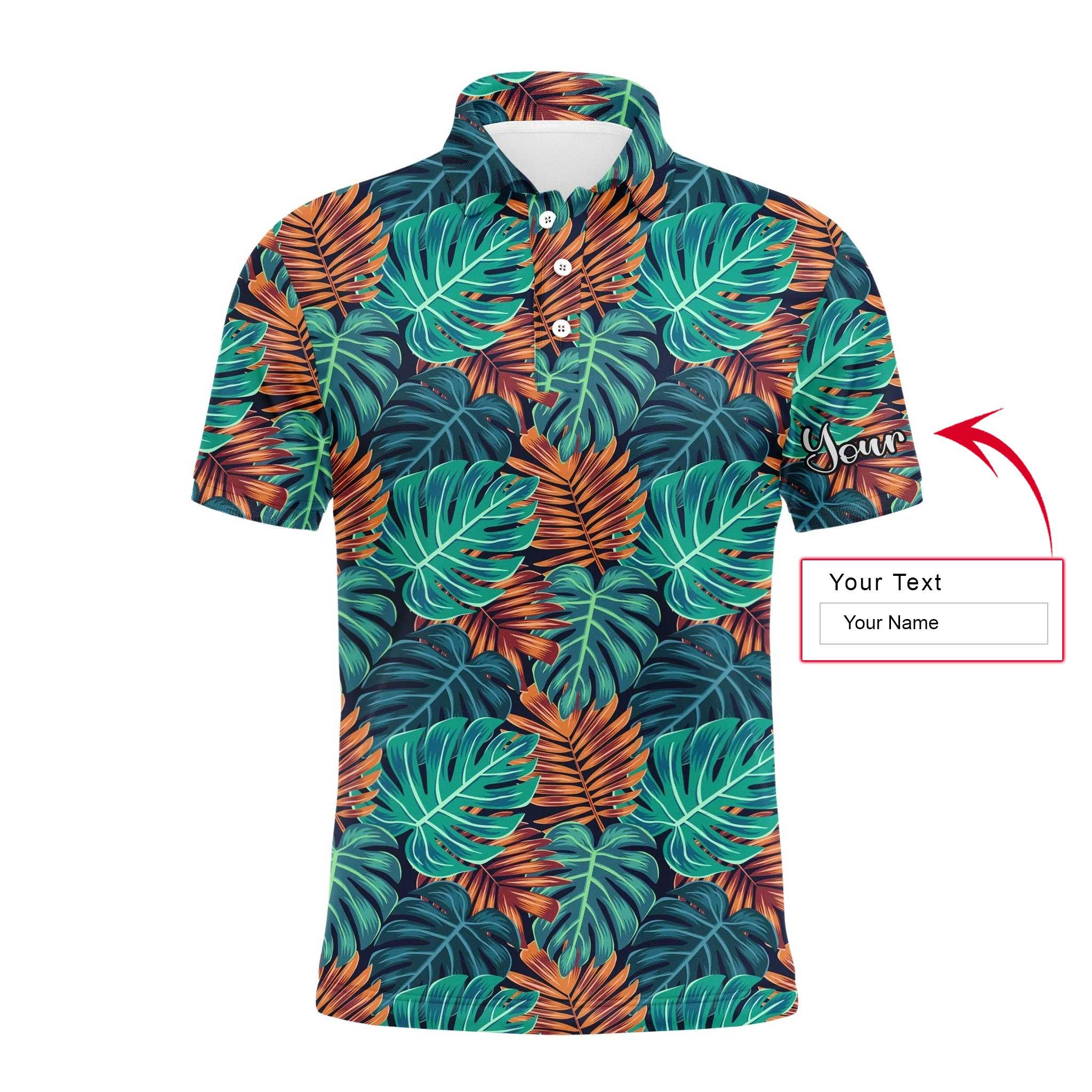 Monstera And Palm Leaves Nature Tropical Pattern Long Sleeve Polo Shirt Custom Name Apparel, Personalized Outfit For Men And Women - Image 3