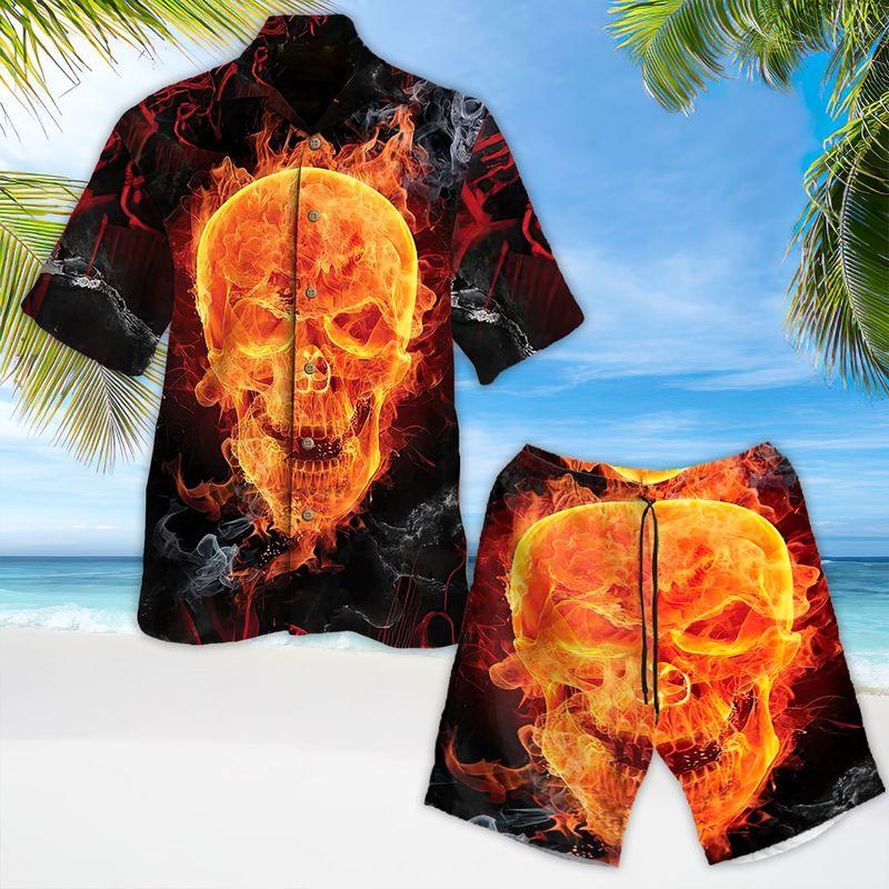 Motorcycle Aloha Hawaiian Shirts For Summer, Flame Creepy Skull Halloween Hawaiian Set For Men Women, Gift For Friend, Racing Motorcycle Lovers