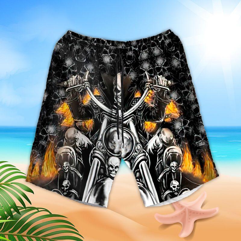 Motorcycle Aloha Hawaiian Shirts For Summer, Ghost Racer Skull Fire Pattern Skeleton Hawaiian Set For Men Women, Gift For Racing Motorcycle Lovers - Image 3
