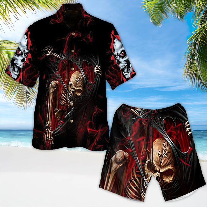 Motorcycle Aloha Hawaiian Shirts For Summer, Skeleton Horror Skull The Death Art Hawaiian Set For Men Women, Gift For Racing Motorcycle Lovers, Friend