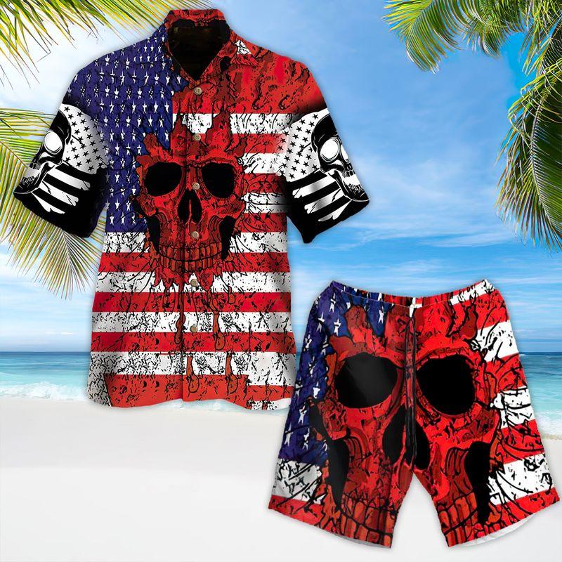 Motorcycle Aloha Hawaiian Shirts For Summer, Skull American Flag Ripped Hawaiian Set For Men Women, Gift For Racing Motorcycle Lovers, Patriotic