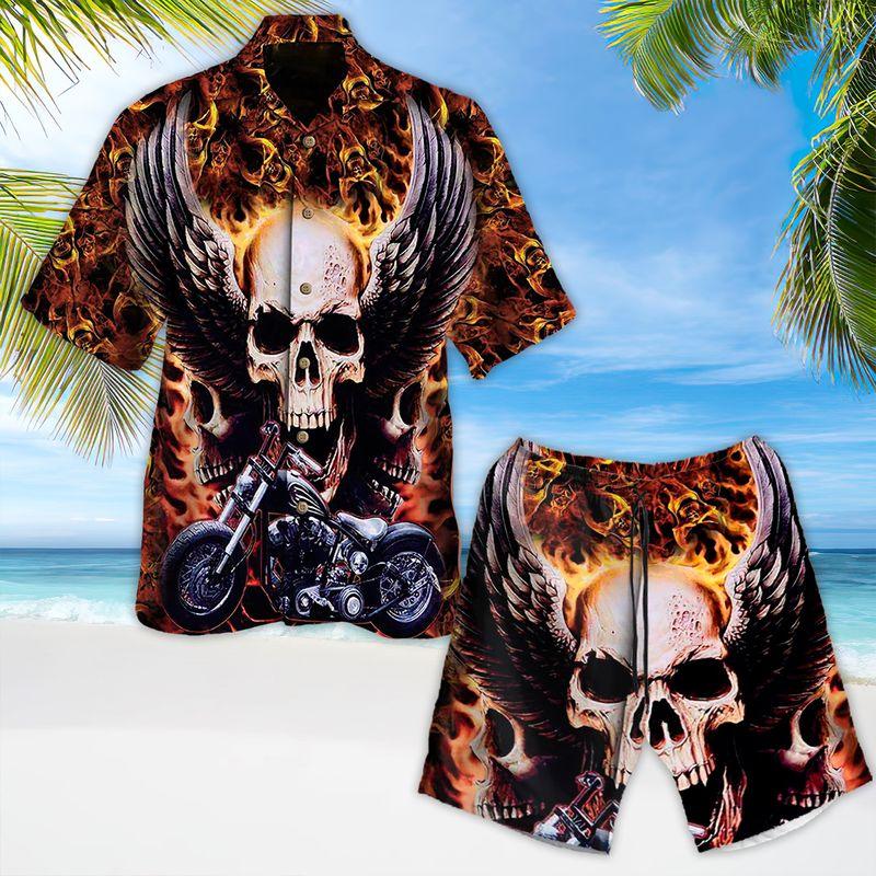 Motorcycle Aloha Hawaiian Shirts For Summer, Skull Black Wing Flaming Background Hawaiian Set For Men Women, Gift For Racing Motorcycle Lovers, Friend