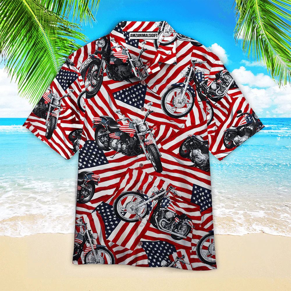Motorcycles American Flag Red And White Aloha Hawaiian Shirts For Men Women, 4th Of July Gift For Summer, Friend, Independence Day, Motorcycles Lovers - Image 2