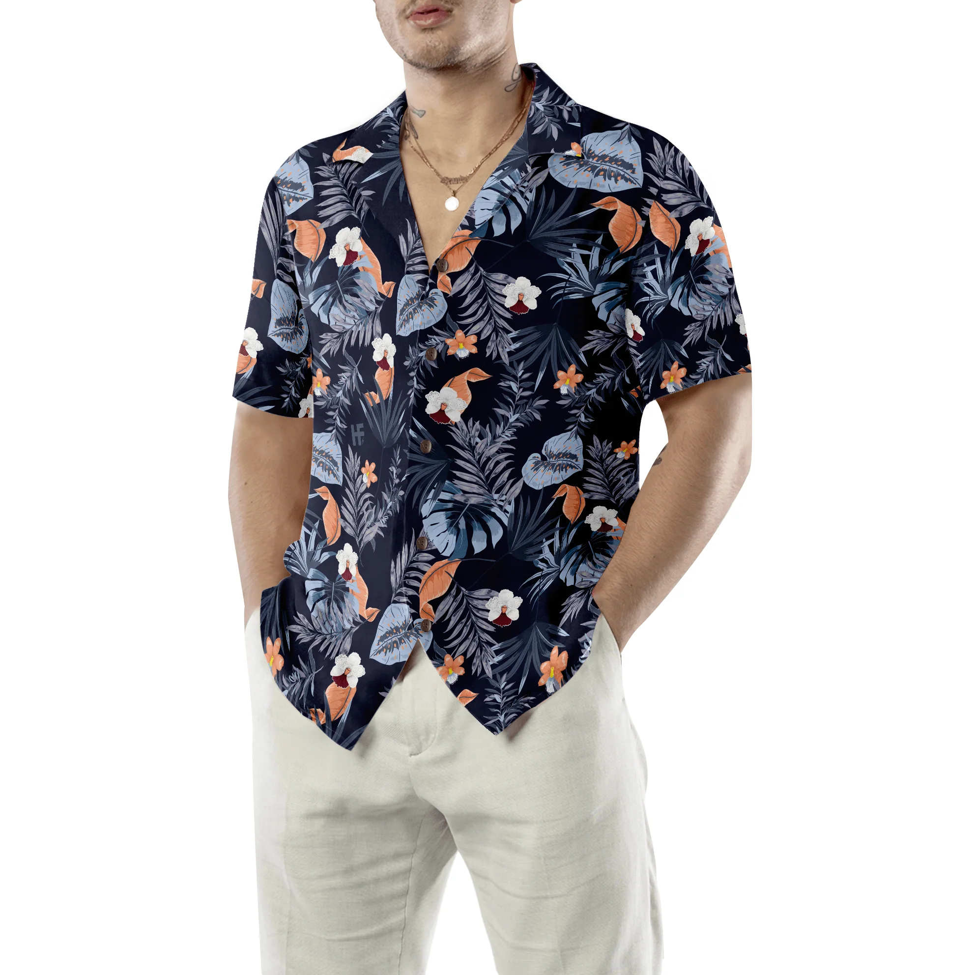 Navy Floral Flower Hawaiian Shirt, Tropical Colorful Summer Aloha Shirt For Men Women, Perfect Gift For Friend, Family, Husband, Wife, Boyfriend - Image 5