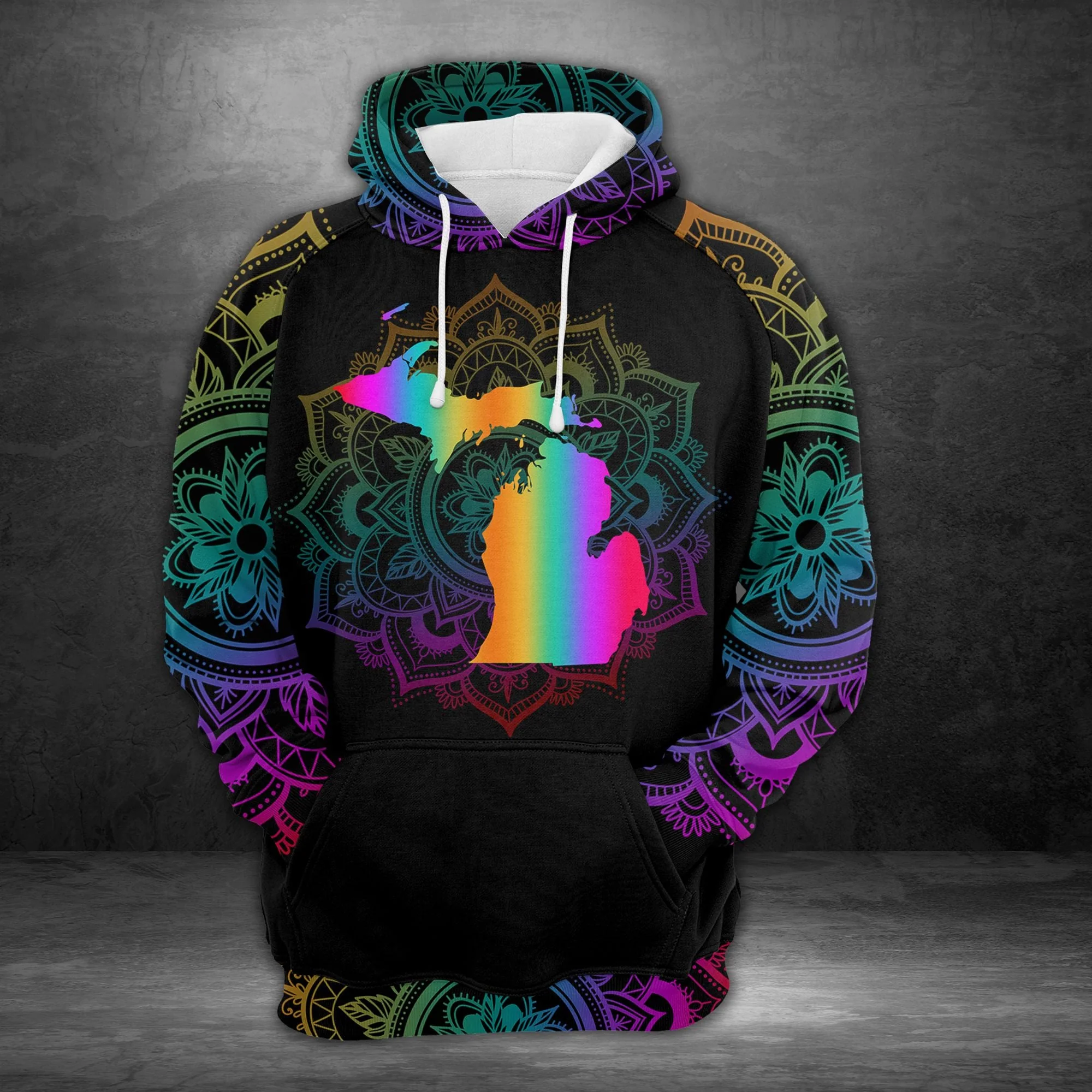 Neon Michigan Mandala Pullover Premium Hoodie, Perfect Outfit For Men And Women On Christmas New Year Autumn Winter - Image 3