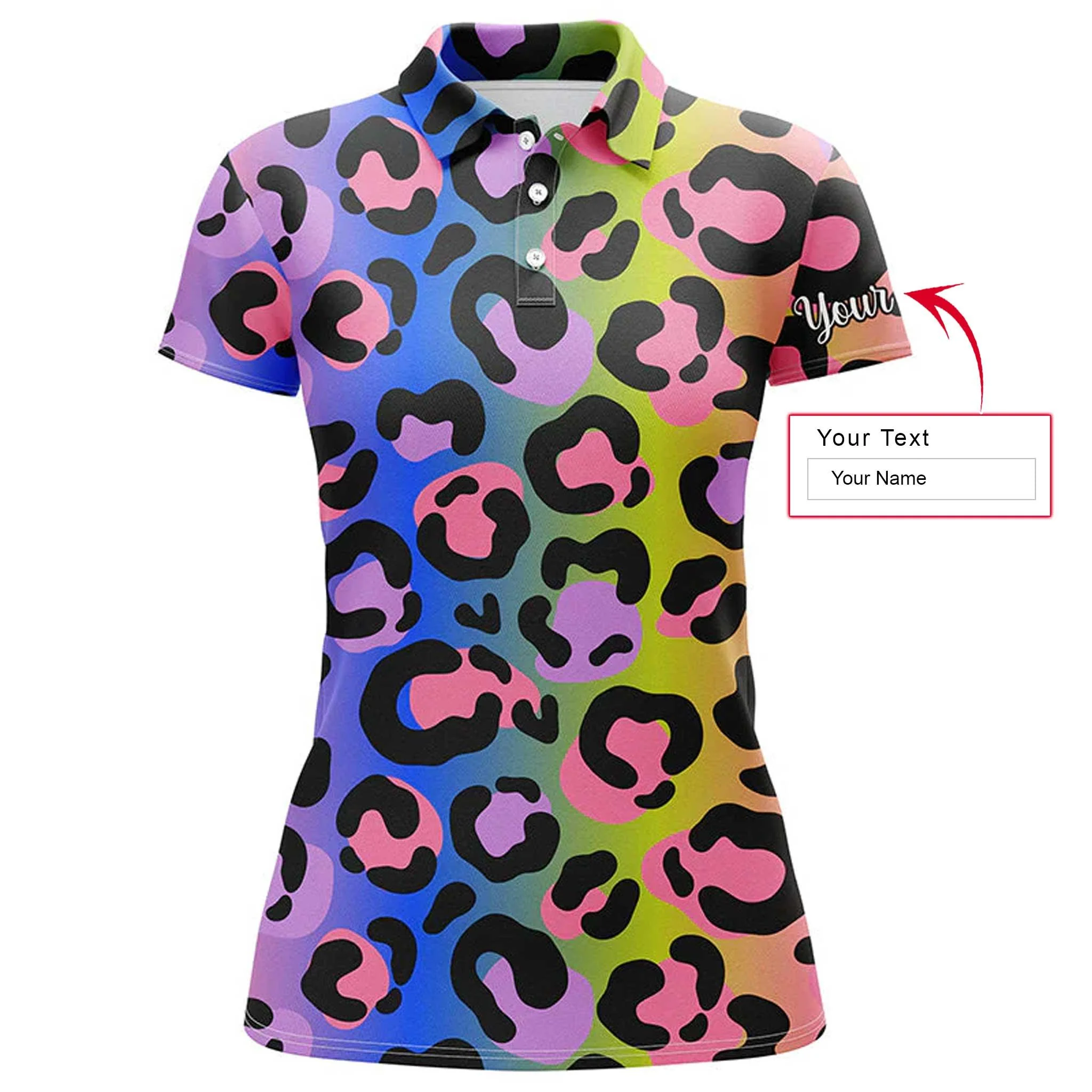 Neon Rainbow Leopard Custom Name Women Polo Shirt, Colorful Personalized Women Polo Shirts, Best Gift For Female, Ladies, Girls