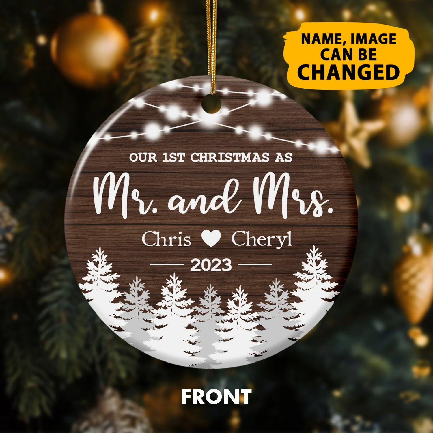 New Married Couple Ornaments Customized Photo And Name Our 1st Christmas Double Sided Printed Ceramic Circle Ornament - Image 3