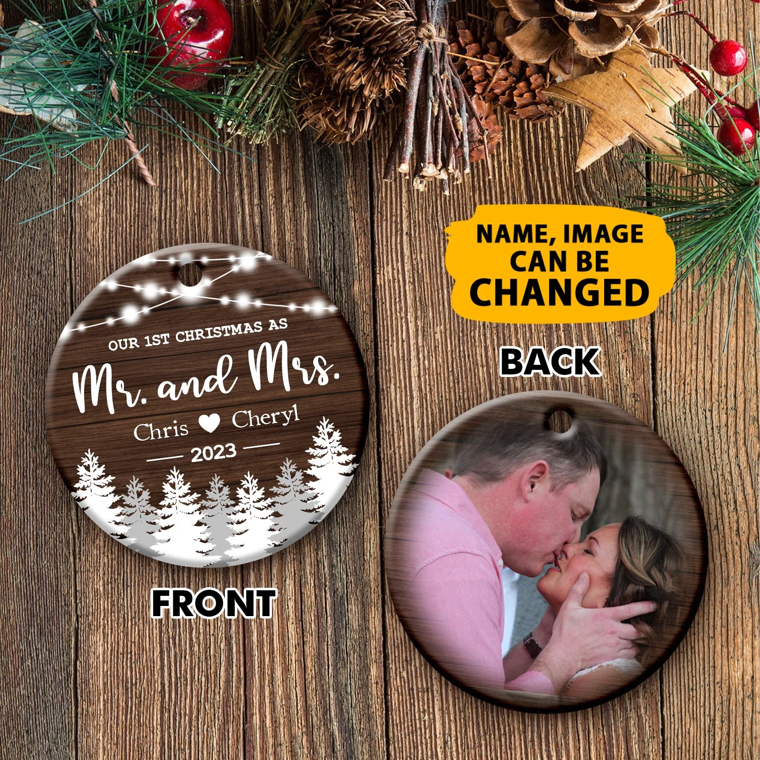 New Married Couple Ornaments Customized Photo And Name Our 1st Christmas Double Sided Printed Ceramic Circle Ornament - Image 5