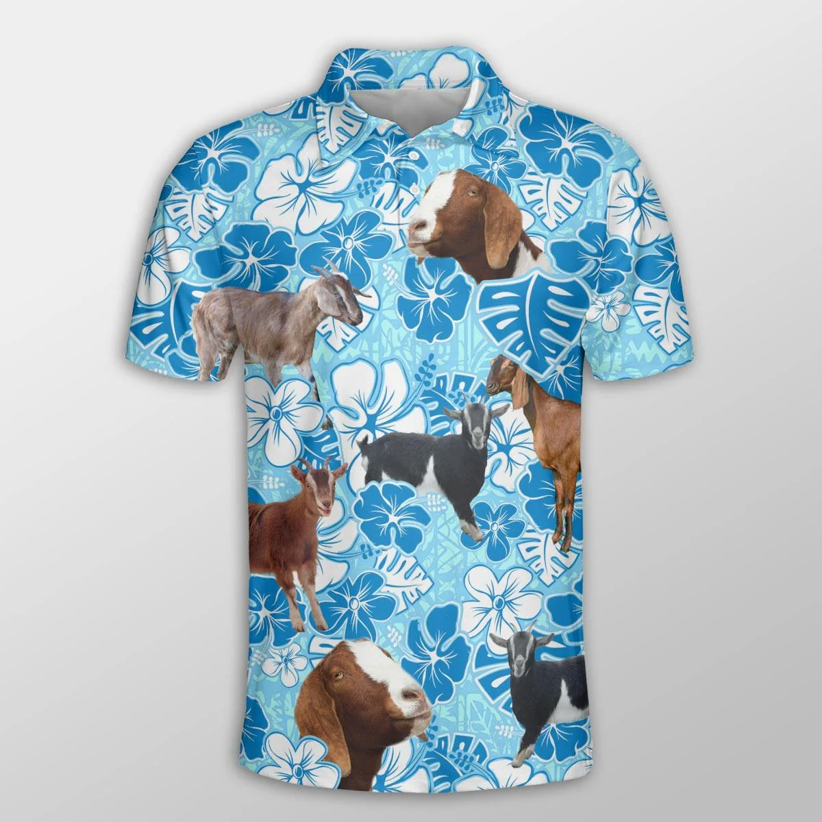 Nubian Goat Men Polo Shirts For Summer - Nubian Goat Blue Floral Button Shirts For Men - Perfect Gift For Nubian Goat Lovers, Cattle Lovers