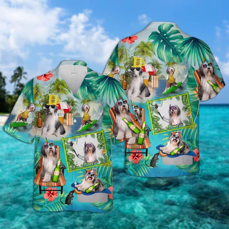 Old English Sheepdog Hawaiian Shirt, Dog Surfing Aloha Shirt For Men - Perfect Gift For Old English Sheepdog Lover, Husband, Boyfriend, Friend, Family