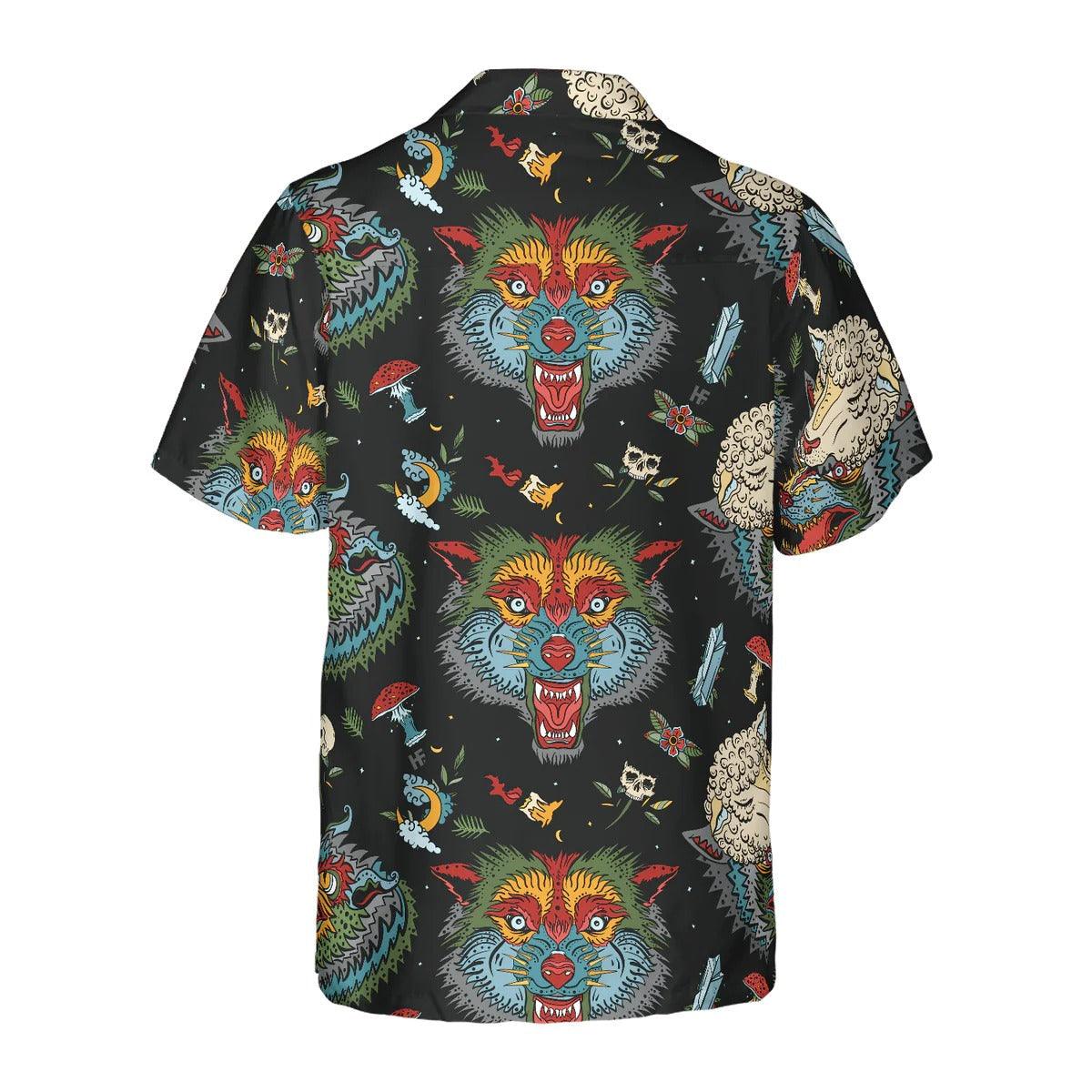 Old School Tattoo Art Wolf Hawaiian Shirt - Perfect Gift For Wolf Lovers, Husband, Boyfriend, Friend, Family - Image 2
