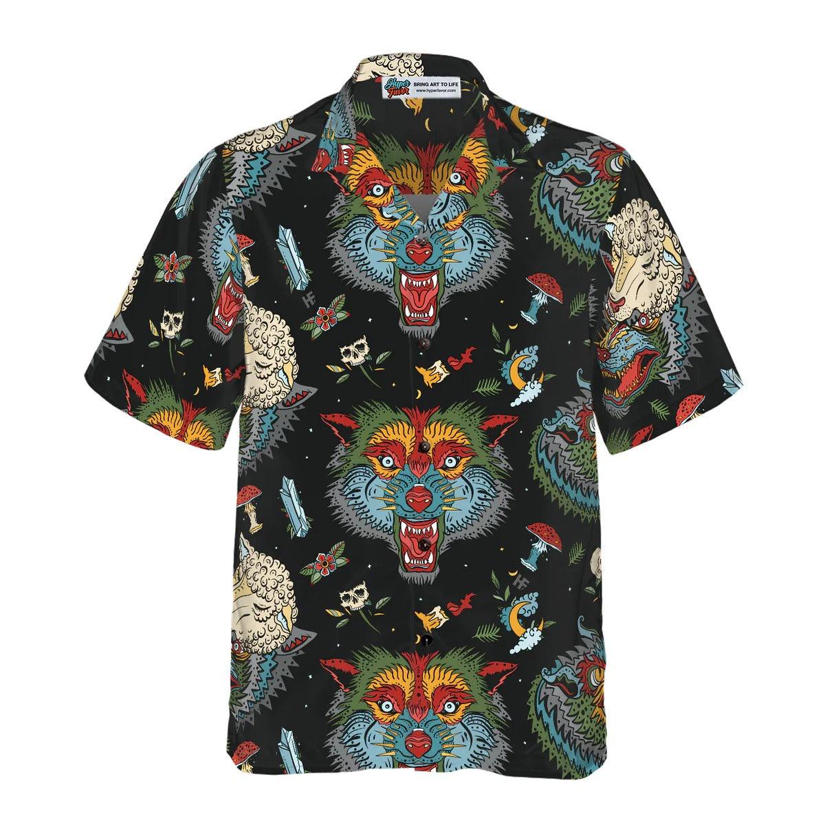 Old School Tattoo Art Wolf Hawaiian Shirt - Perfect Gift For Wolf Lovers, Husband, Boyfriend, Friend, Family - Image 3