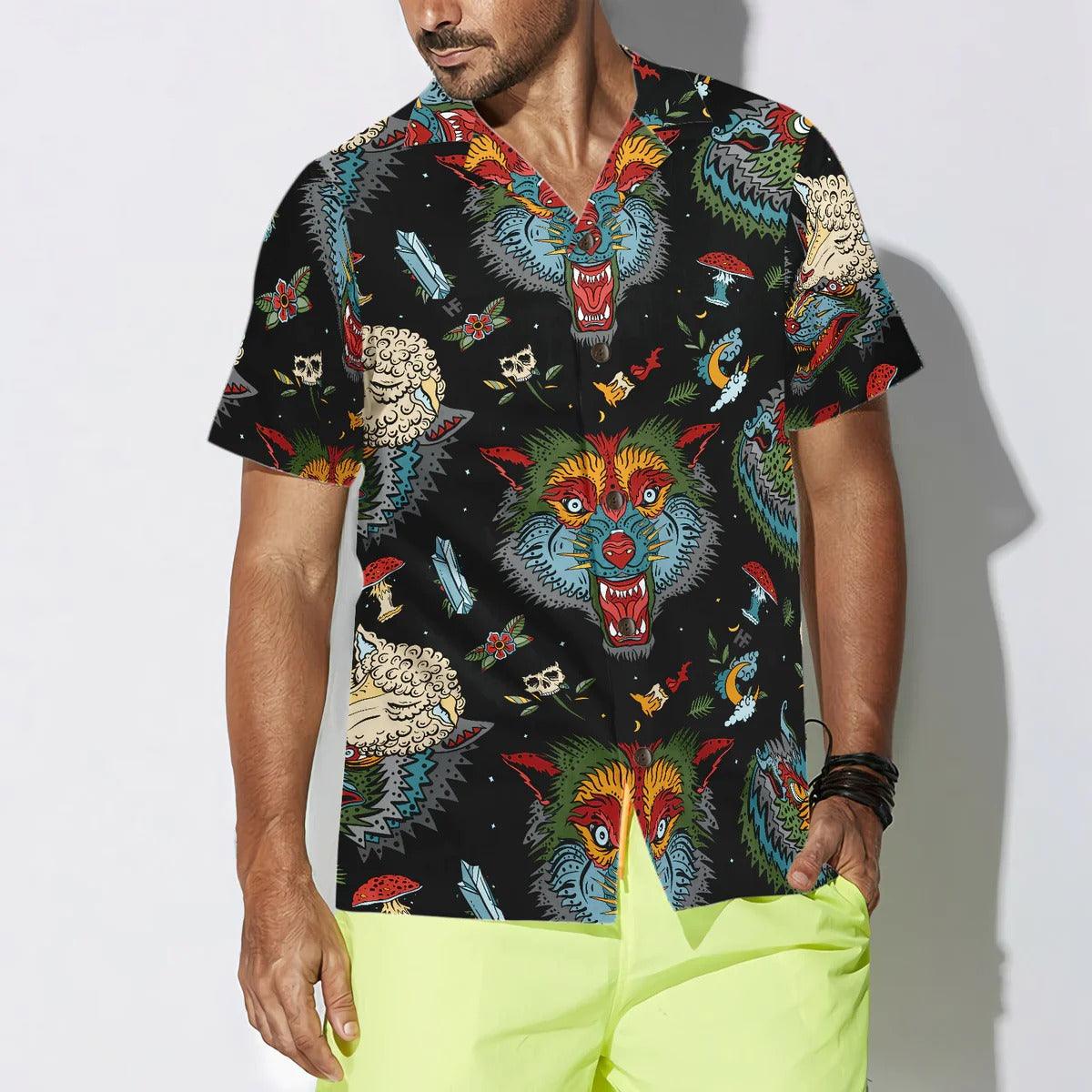 Old School Tattoo Art Wolf Hawaiian Shirt - Perfect Gift For Wolf Lovers, Husband, Boyfriend, Friend, Family - Image 4